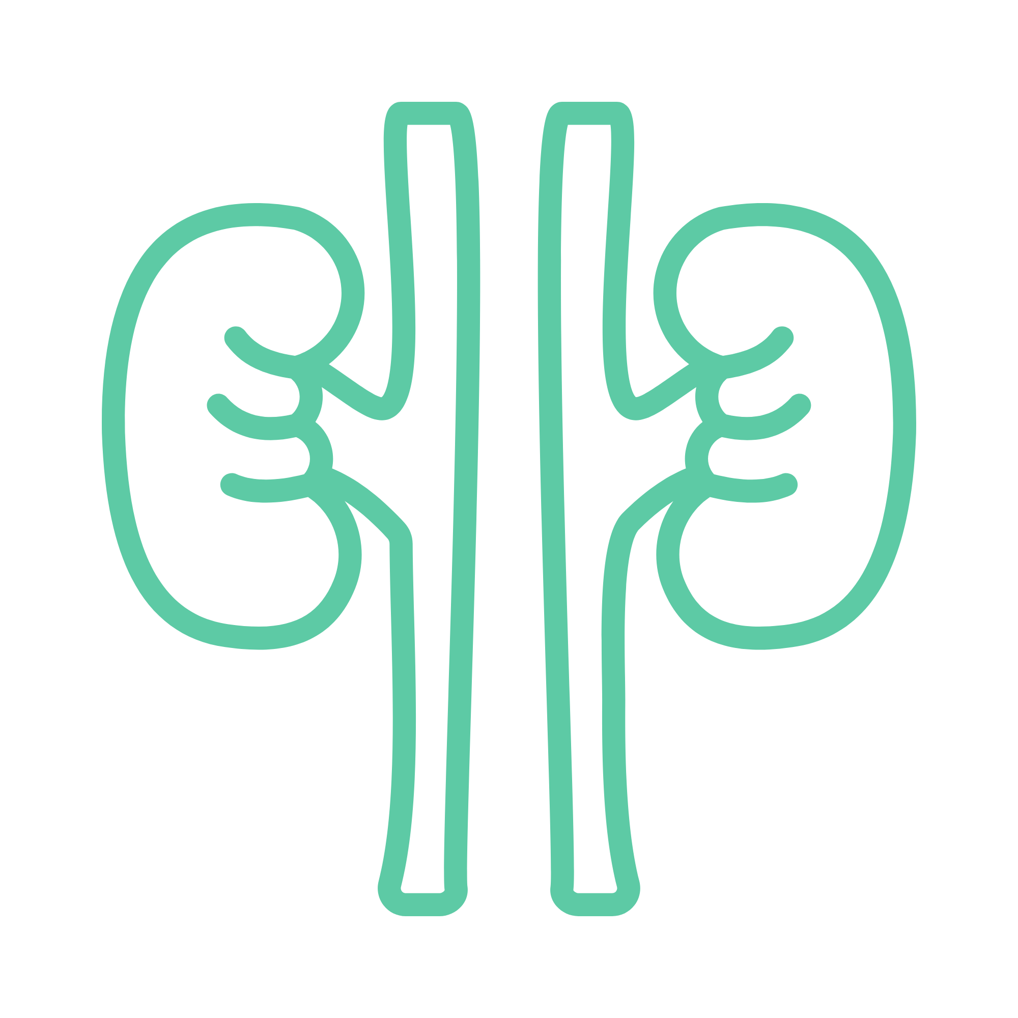 Stylized outline of human kidneys in teal against a black background.