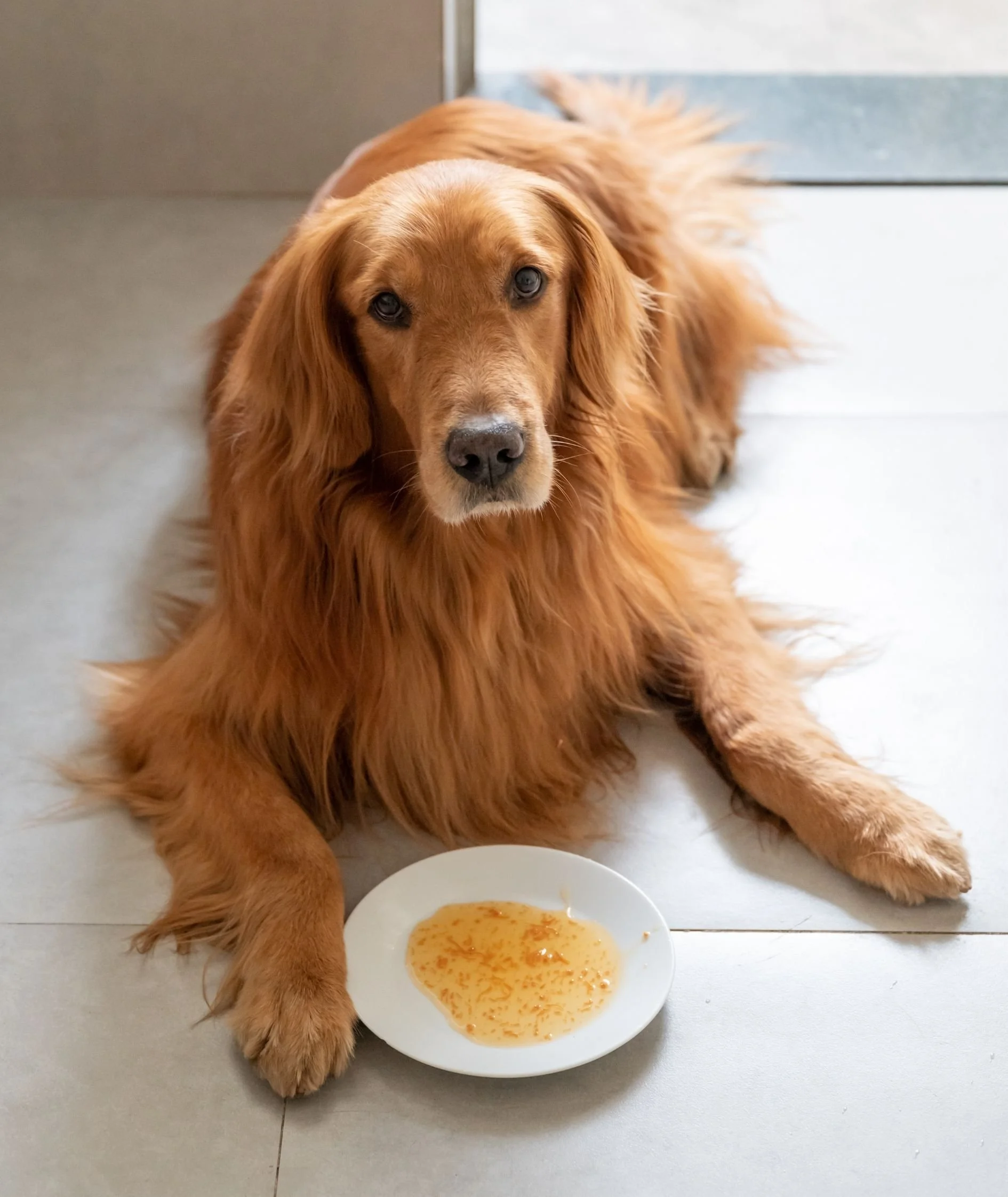Golden retriever lying on a white tiled floor next to a white plate with a small amount of food and sauce, near a door with a gray frame.