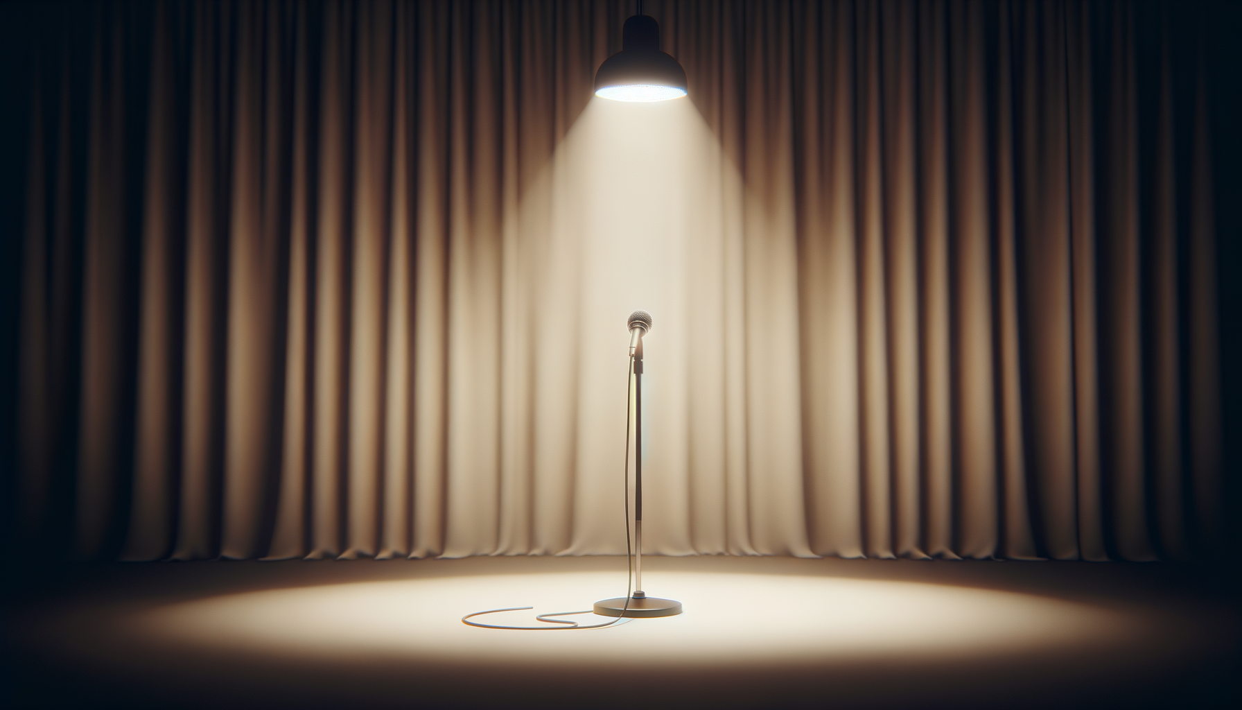 Empty microphone on a stage with a spotlight shining down, beige curtains in the background.