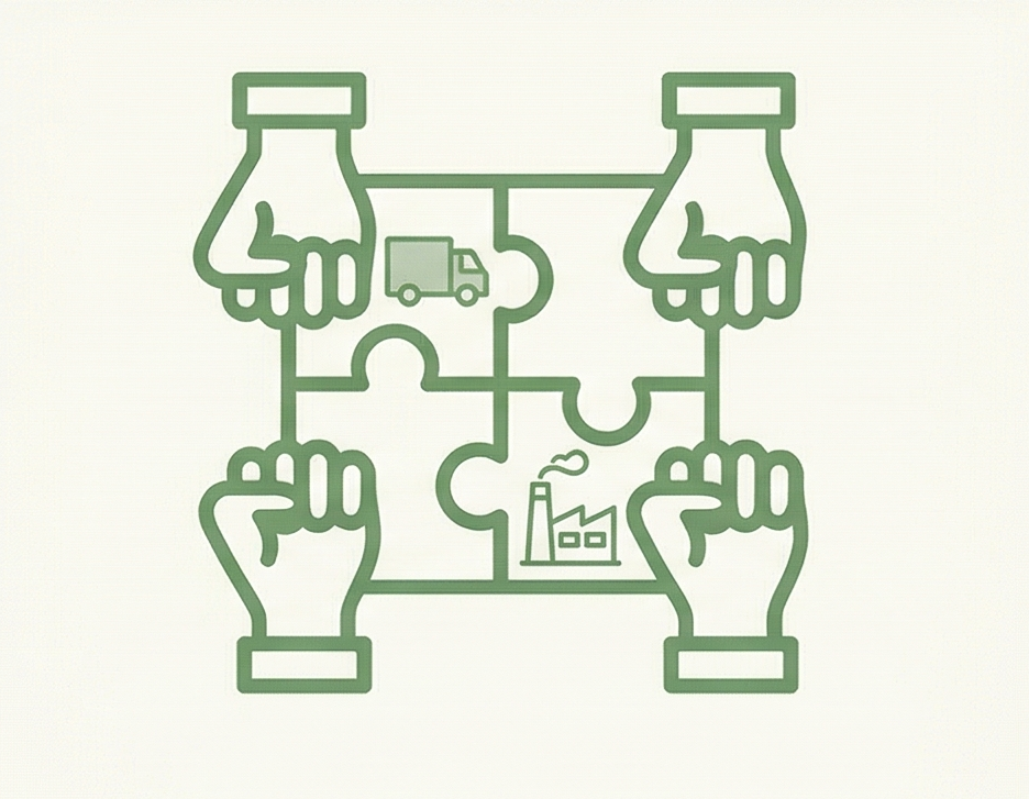 Vier grüne Puzzleteile, die zusammen ein Recycling-Symbol bilden, mit Symbolen für eine Hand, eine Lieferkiste, eine Fabrik und eine Hand, die auf die Puzzleteile zeigt.