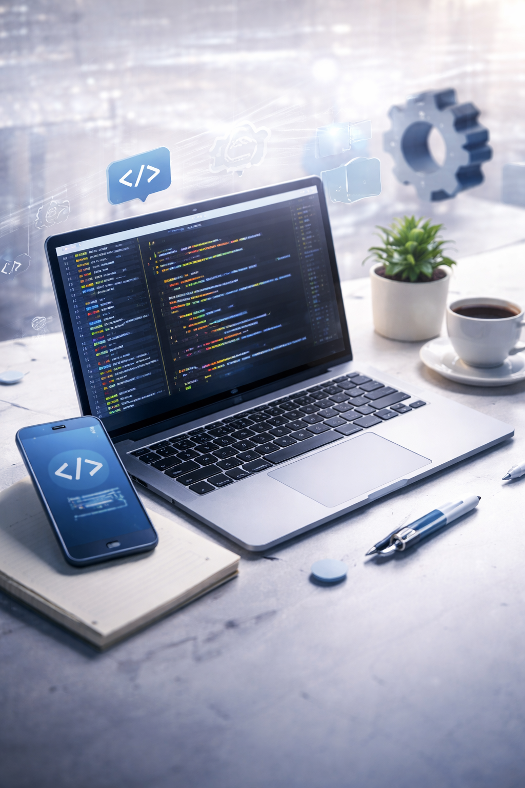 Laptop and smartphone displaying coding symbols on a workspace with a notebook, pen, coffee cup, plant, and digital icons of coding and gear.