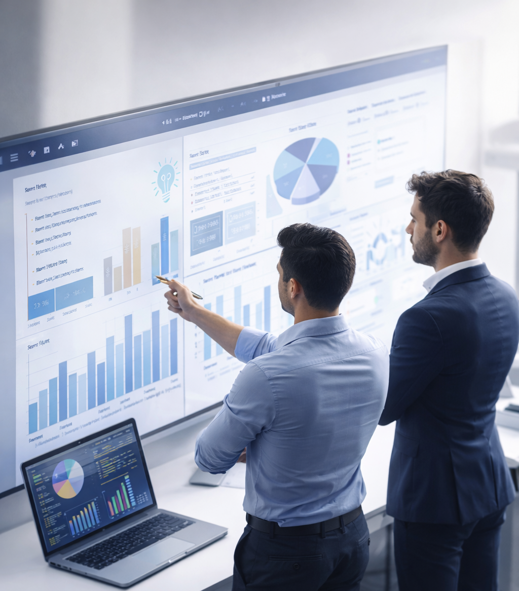 Two men in business attire analyzing data on a large screen with various charts and graphs, including bar charts, pie chart, and dashboards, in a modern office environment.