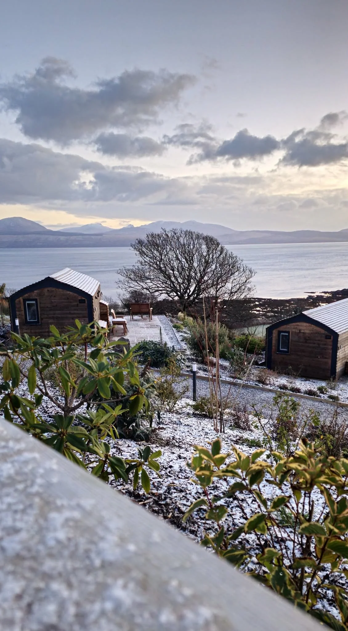 A scenic view of a winter landscape with a large tree and two wooden cabins overlooking a body of water, with mountains in the distance and light snow on the ground.