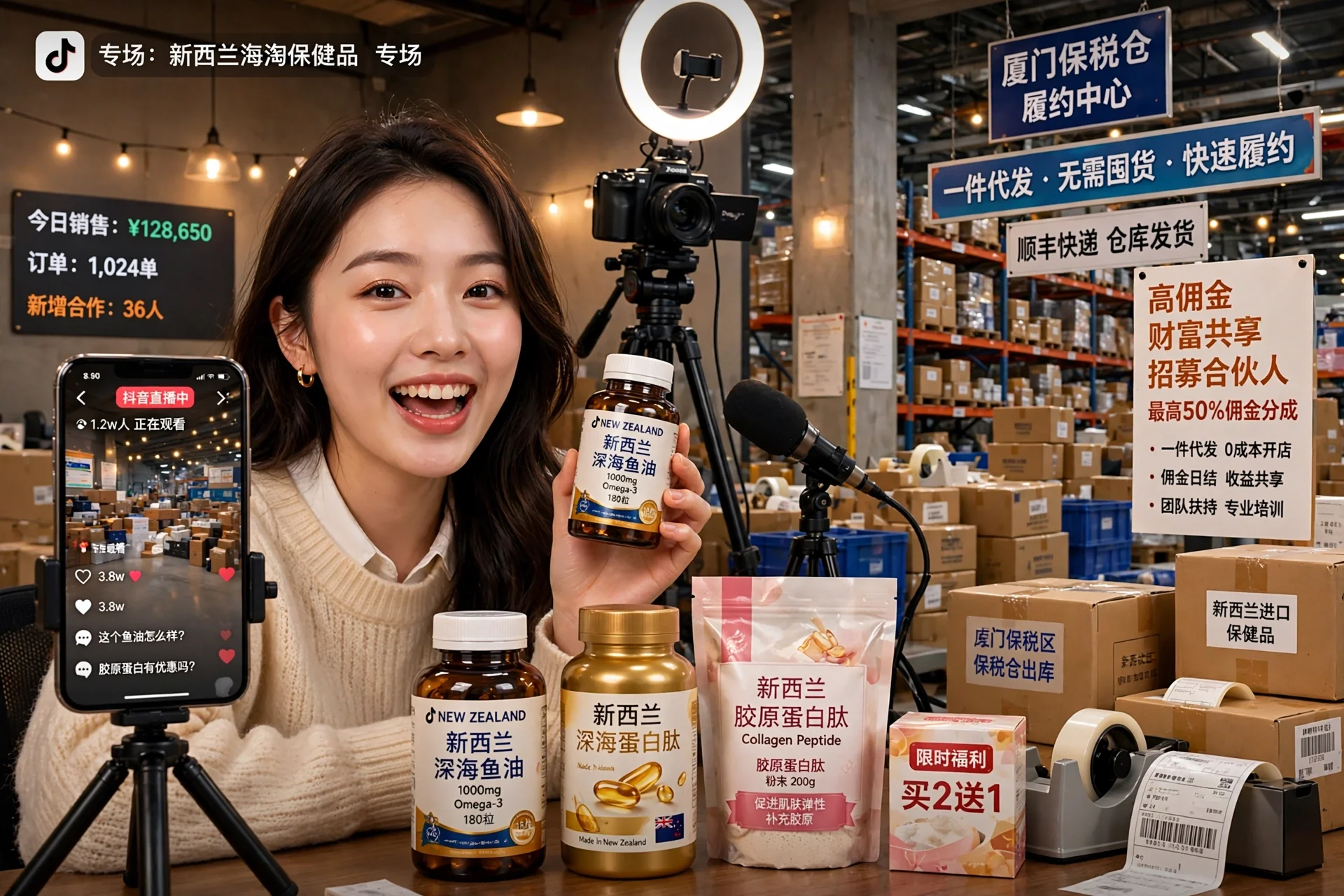 抖音主播分销实拍 - 新西兰深海鱼油胶囊直播带货 厦门永锐长鸿仓库 利润分成共创模式 NZgoCH