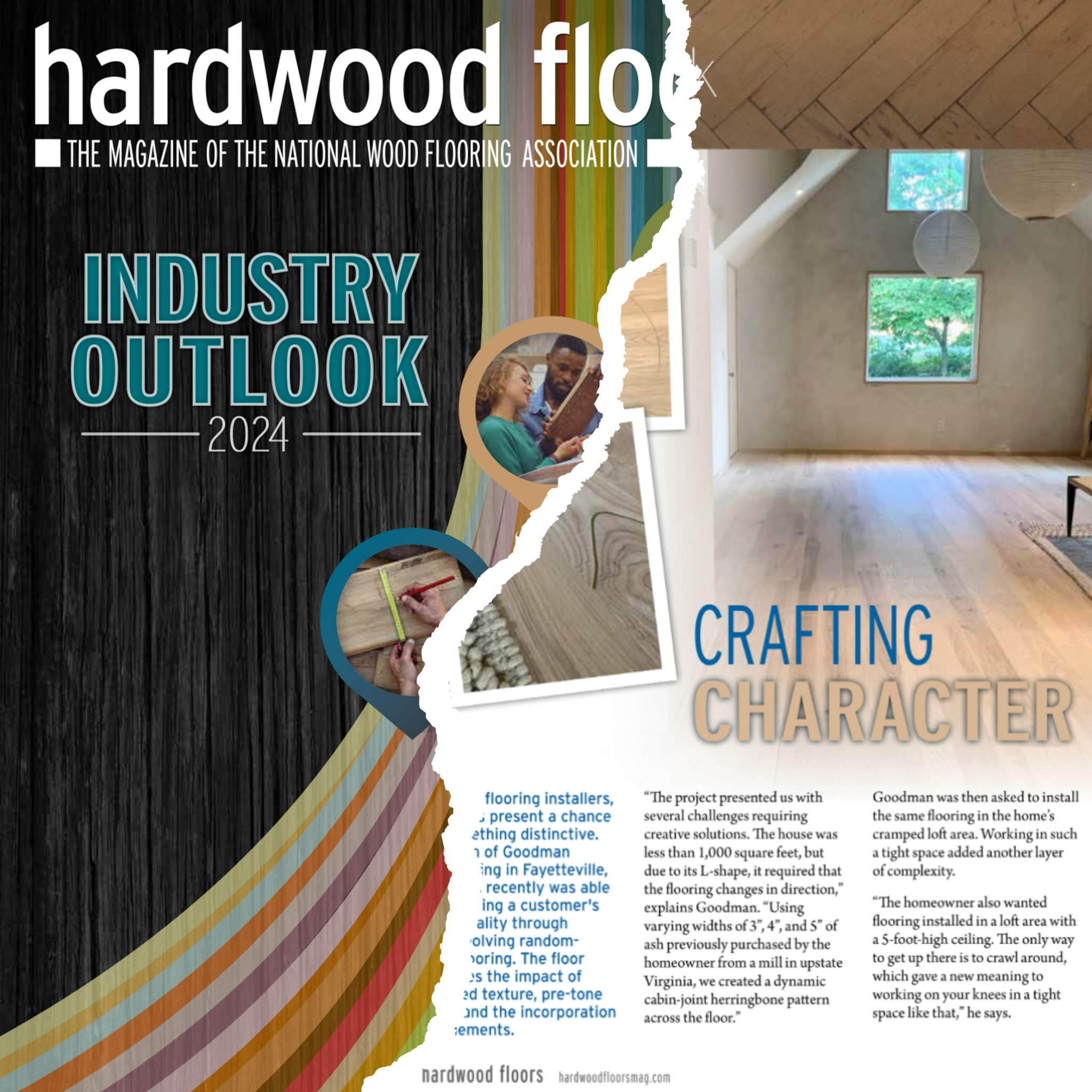 Hardwood Floors magazine “Crafting Character” feature on Goodman Custom Flooring’s ash floor installation with custom texture and brass inlays.