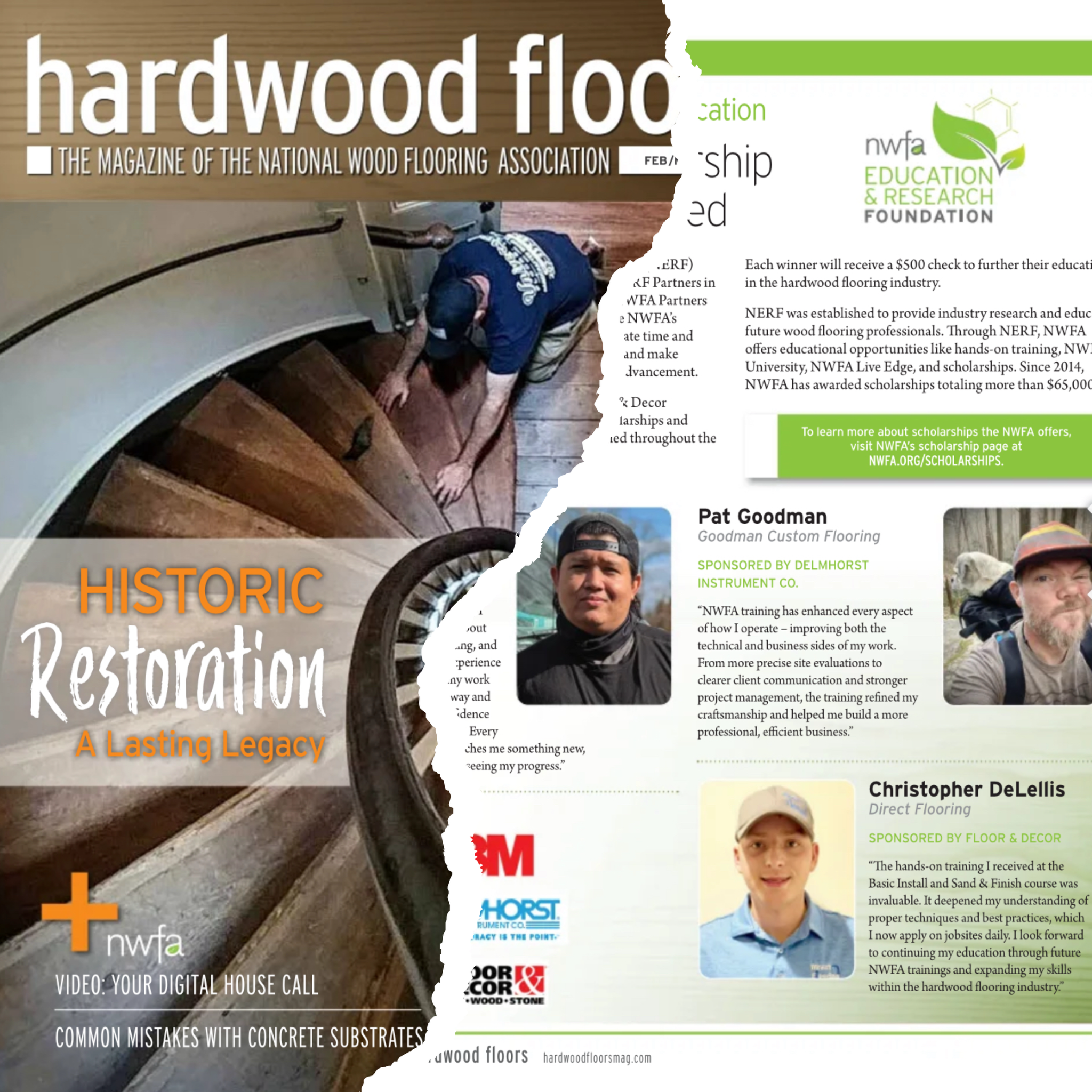 Hardwood Floors Magazine featuring Pat Goodman receiving an industry scholarship for advanced hardwood flooring education.