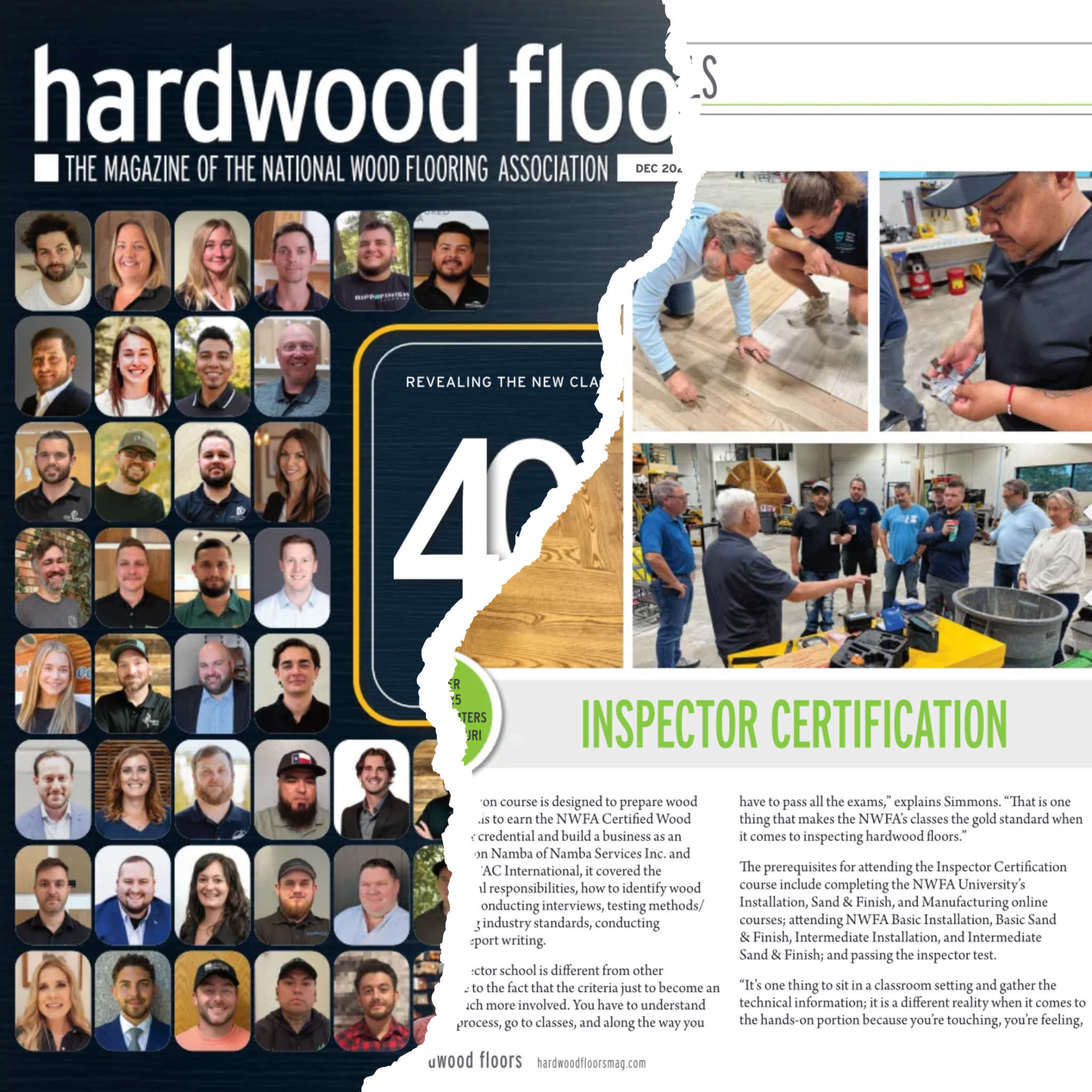 Hardwood Floors magazine education article on hardwood flooring inspector certification, featuring Pat Goodman during the certification class.