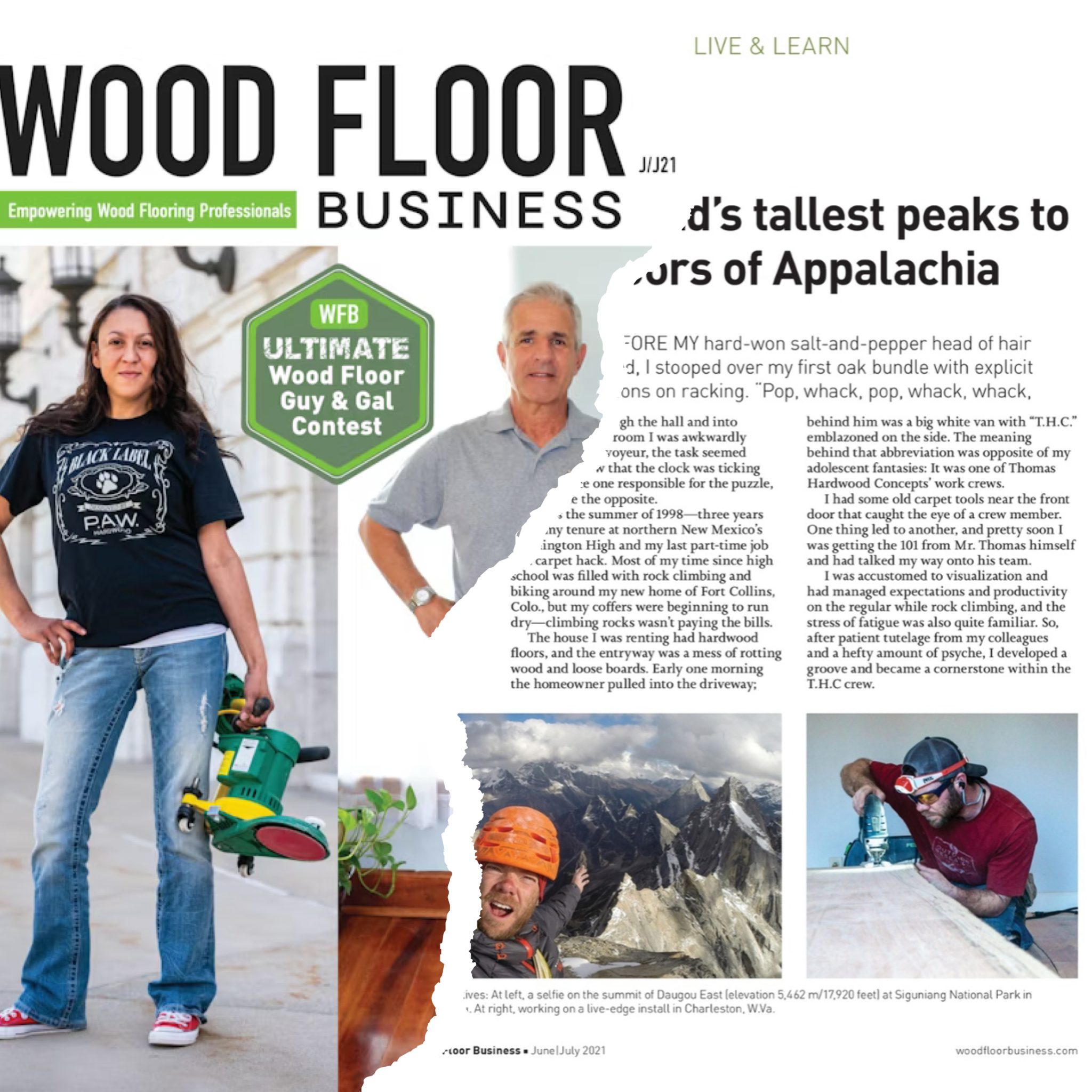 Wood Floor Business magazine featuring Pat Goodman and his journey from professional climber to hardwood flooring craftsman.