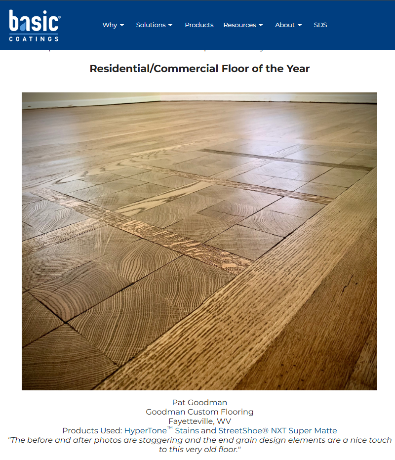 Basic Coatings blog congratulating Pat Goodman of Goodman Custom Flooring on receiving their Wood Floor of the Year Award.