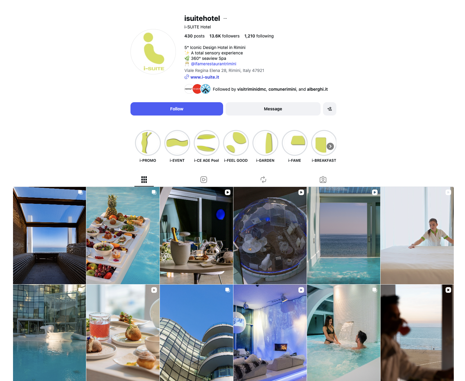 Pagina del profilo Instagram di i-SUITE Hotel con immagini di servizi e ambienti dell'hotel, tra cui piscine, ristorante, camere e terrazze sul mare.
