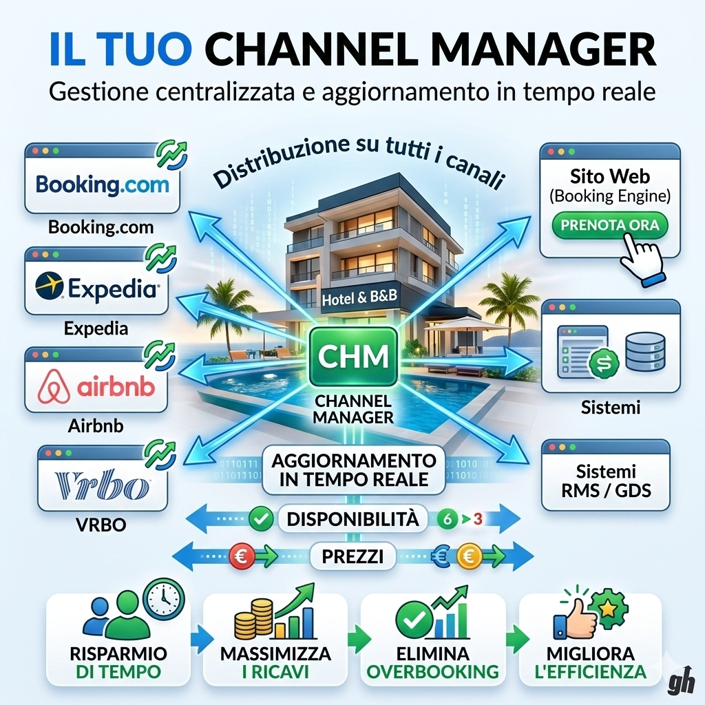 Grafico che mostra come il Channel Manager centralizzi e aggiorni in tempo reale le disponibilità, prezzi e servizi su vari canali di prenotazione come Booking, Expedia, Airbnb e VRBO, e sistemi come siti web e sistemi RMS/GDS, migliorando efficienza e ricavi.