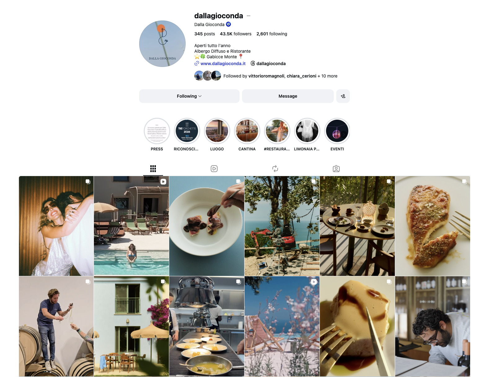 Profilo Instagram di dallagioconda con foto di cibo, paesaggi e momenti di relax