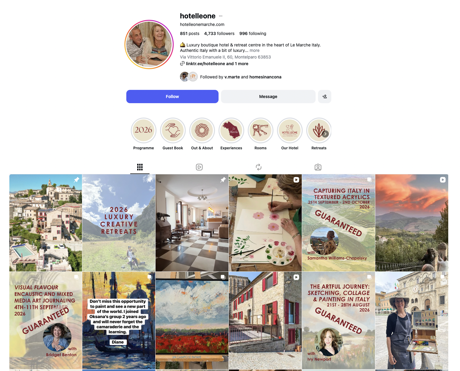 Pagina Instagram del hotel leone con immagini di depositi, soggiorni, dipinti, camminate e eventi artistici in Italia.