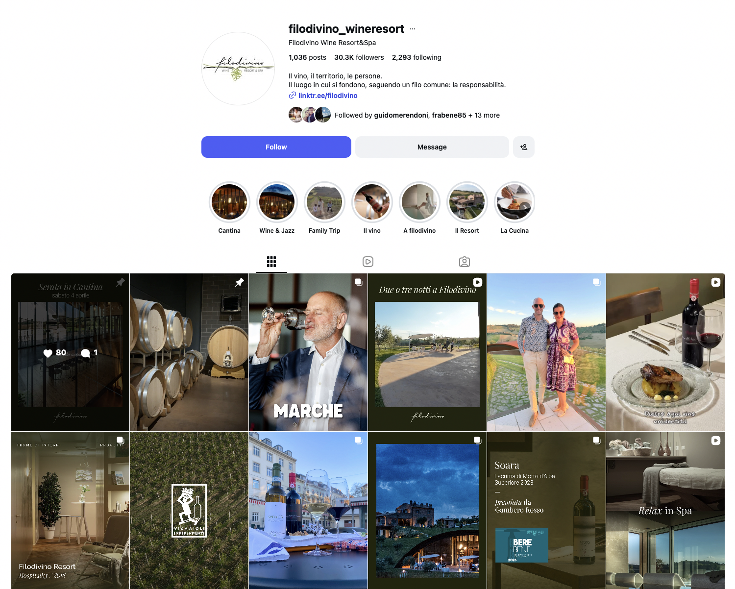 Schermata di un profilo Instagram di Filodivino Wineresort con foto di vini, ambienti, persone che degustano vino e paesaggi, con vari post e storie in evidenza.