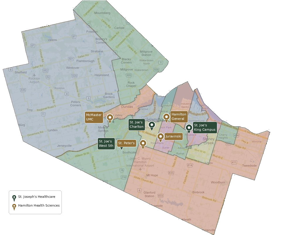 Hamilton teaching hospital sites map for medical residents furnished rental neighbourhoods