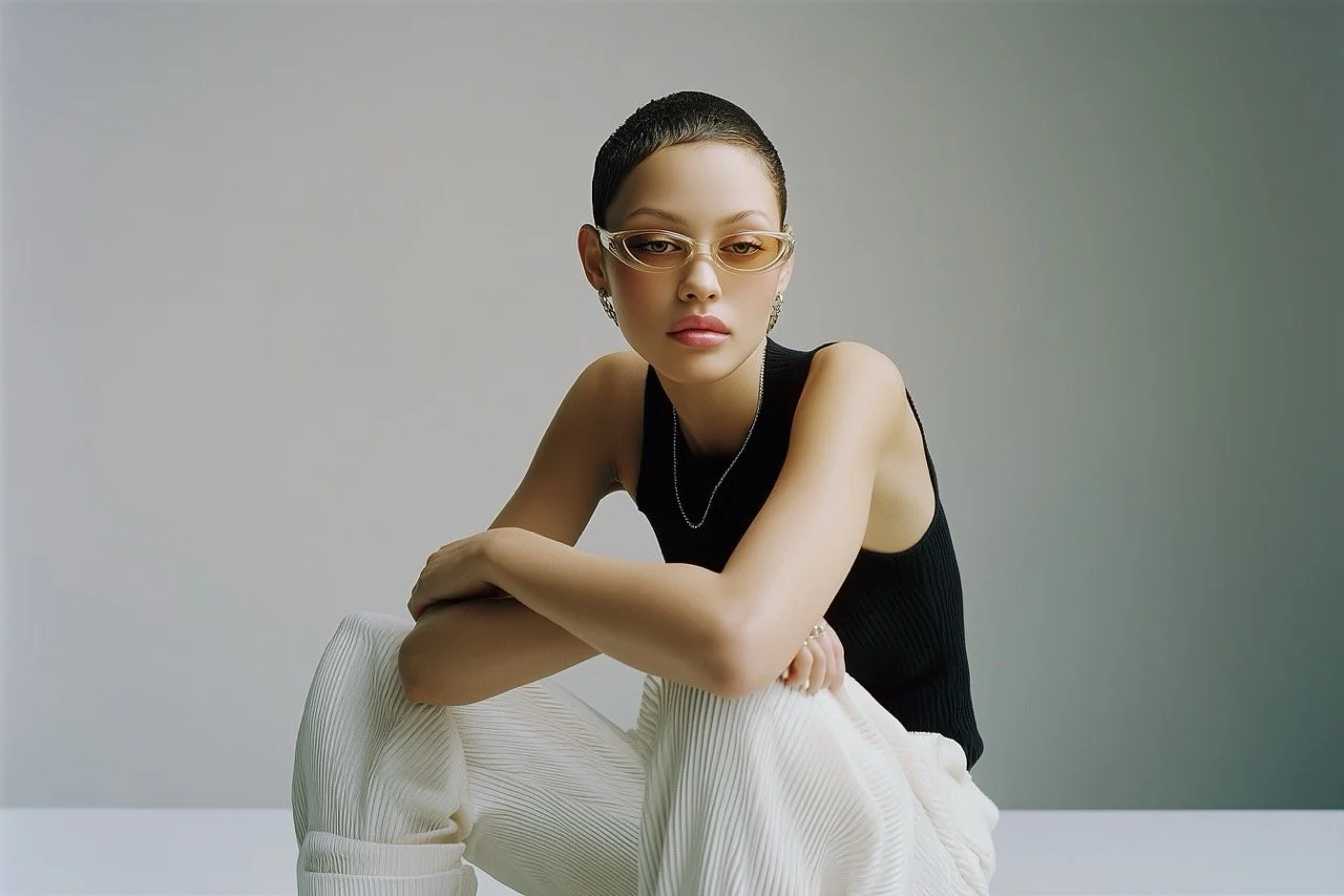 A young woman with short dark hair, wearing glasses, a black sleeveless top, and white pants, sitting with her arms resting on her knees against a plain gray background.