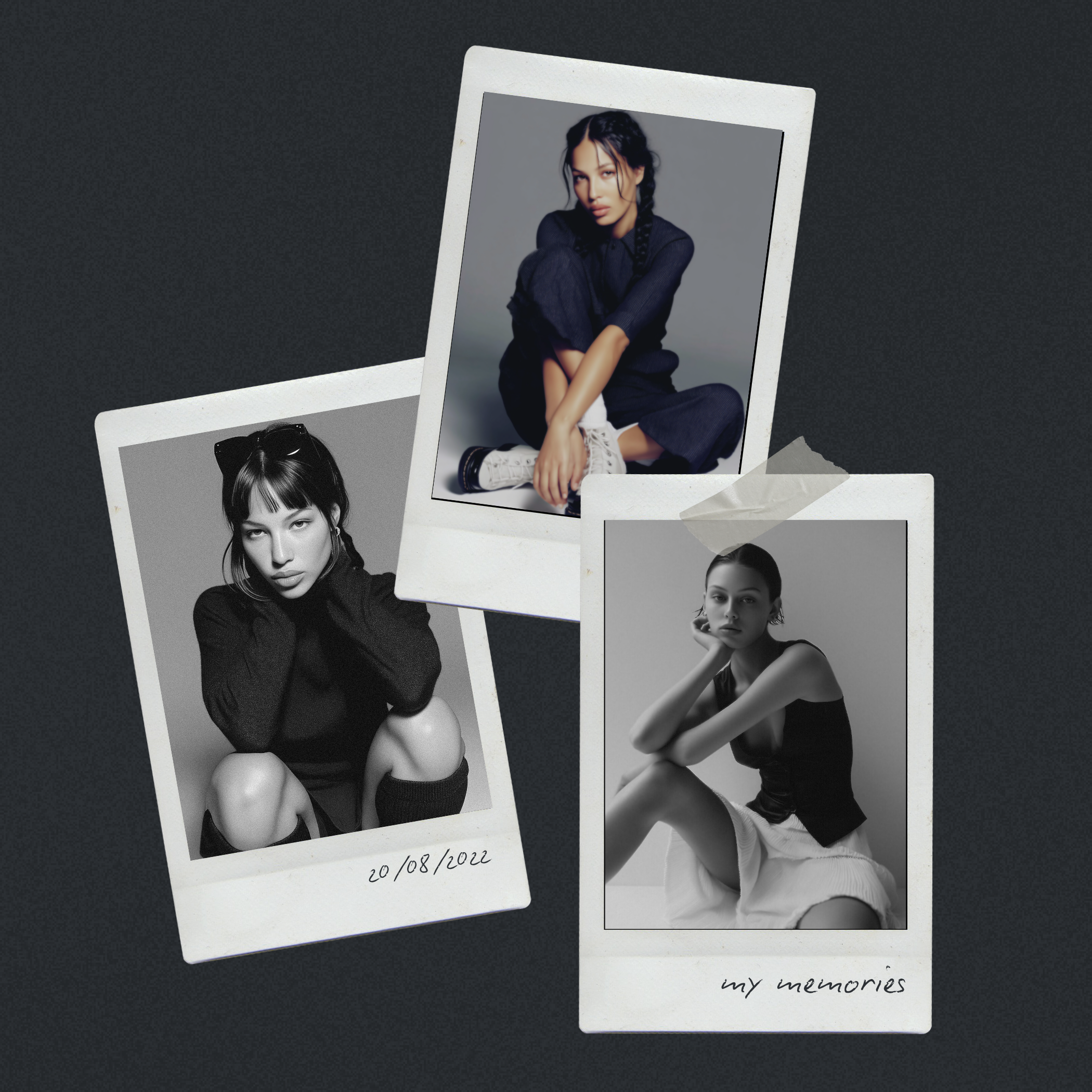 Three Polaroid photos of young women on a dark surface, two in black and white and one in color, with handwritten captions '20/08/2022' and 'my memories'.