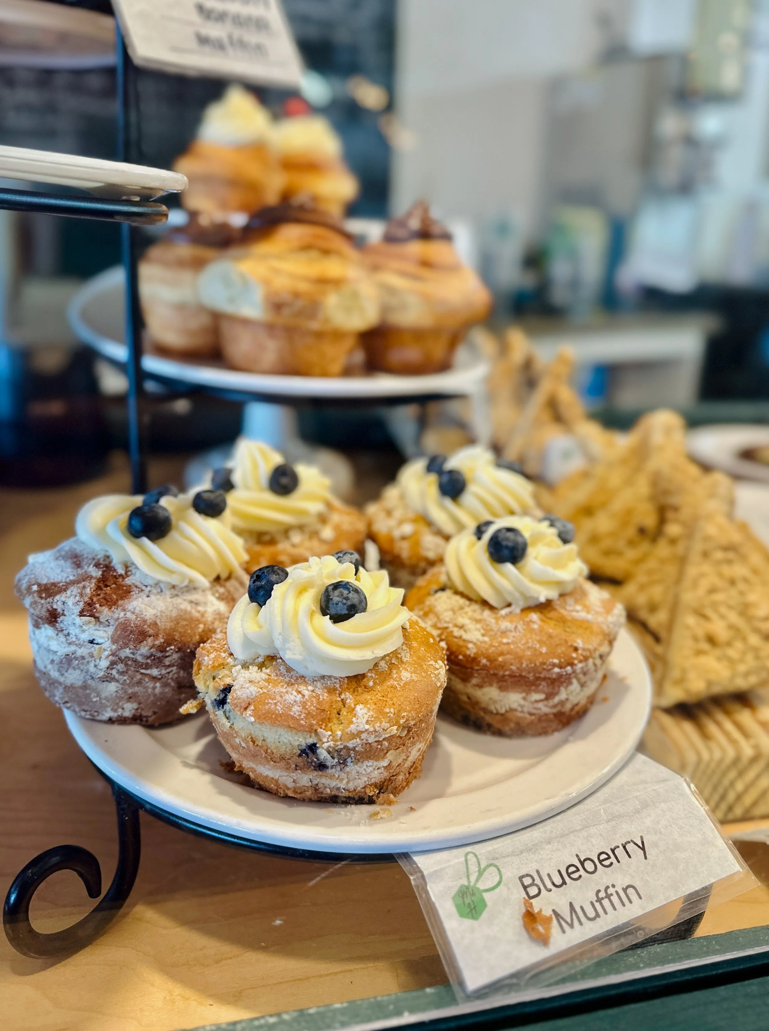 Blueberry muffins with icing and blueberries on top on a white plate.