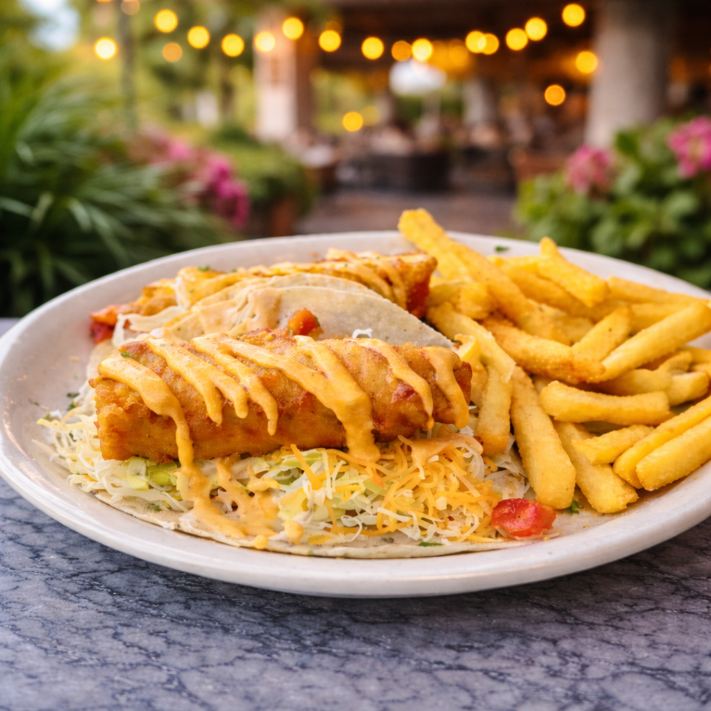 Fish tacos with french fries on a white plate on a marble table with plants and warm lighting in the background.