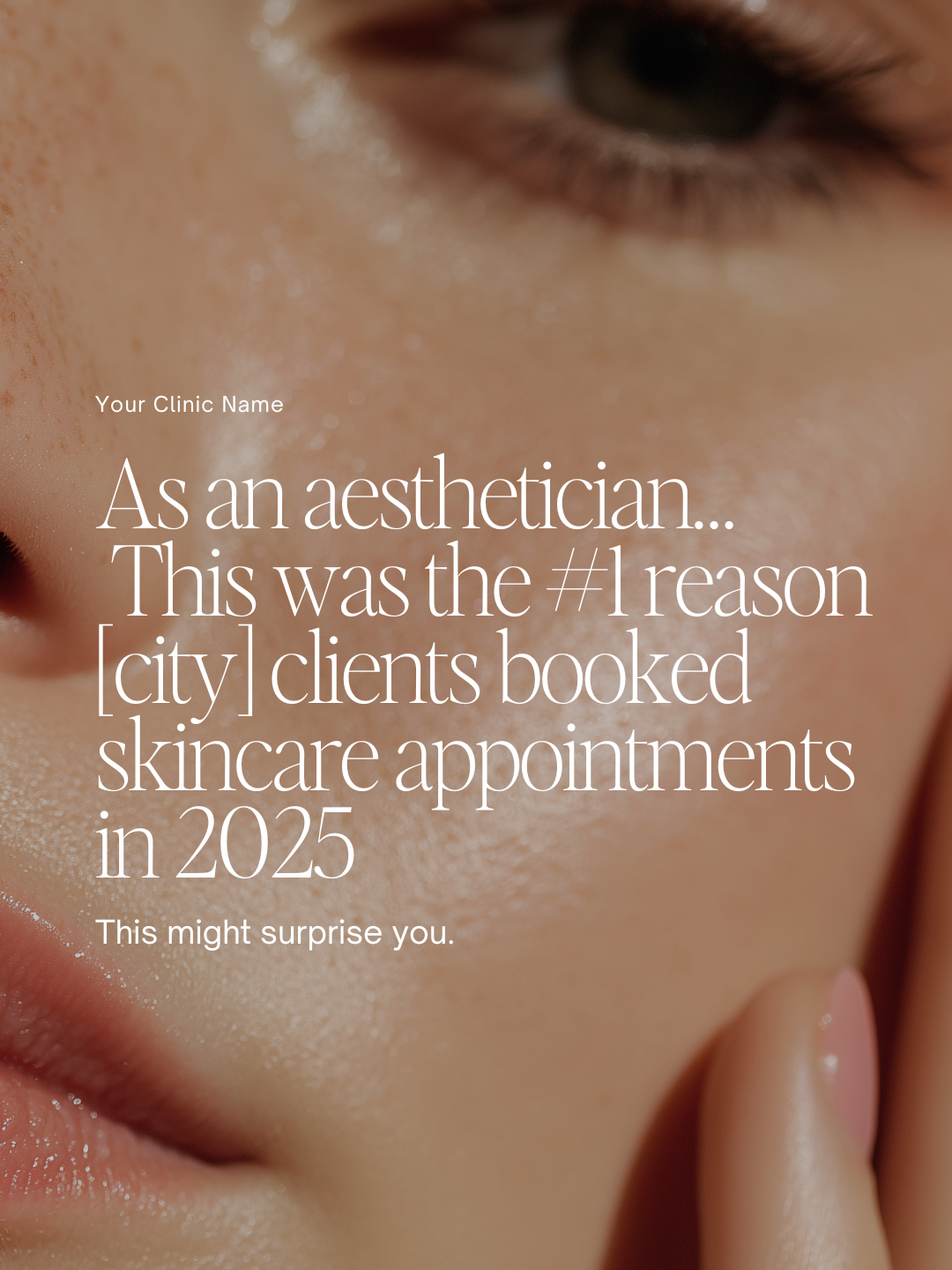 Close-up of a person's face with smooth skin, focusing on the cheek, nose, eye, and lips, with overlaid text about skincare appointments in 2025.