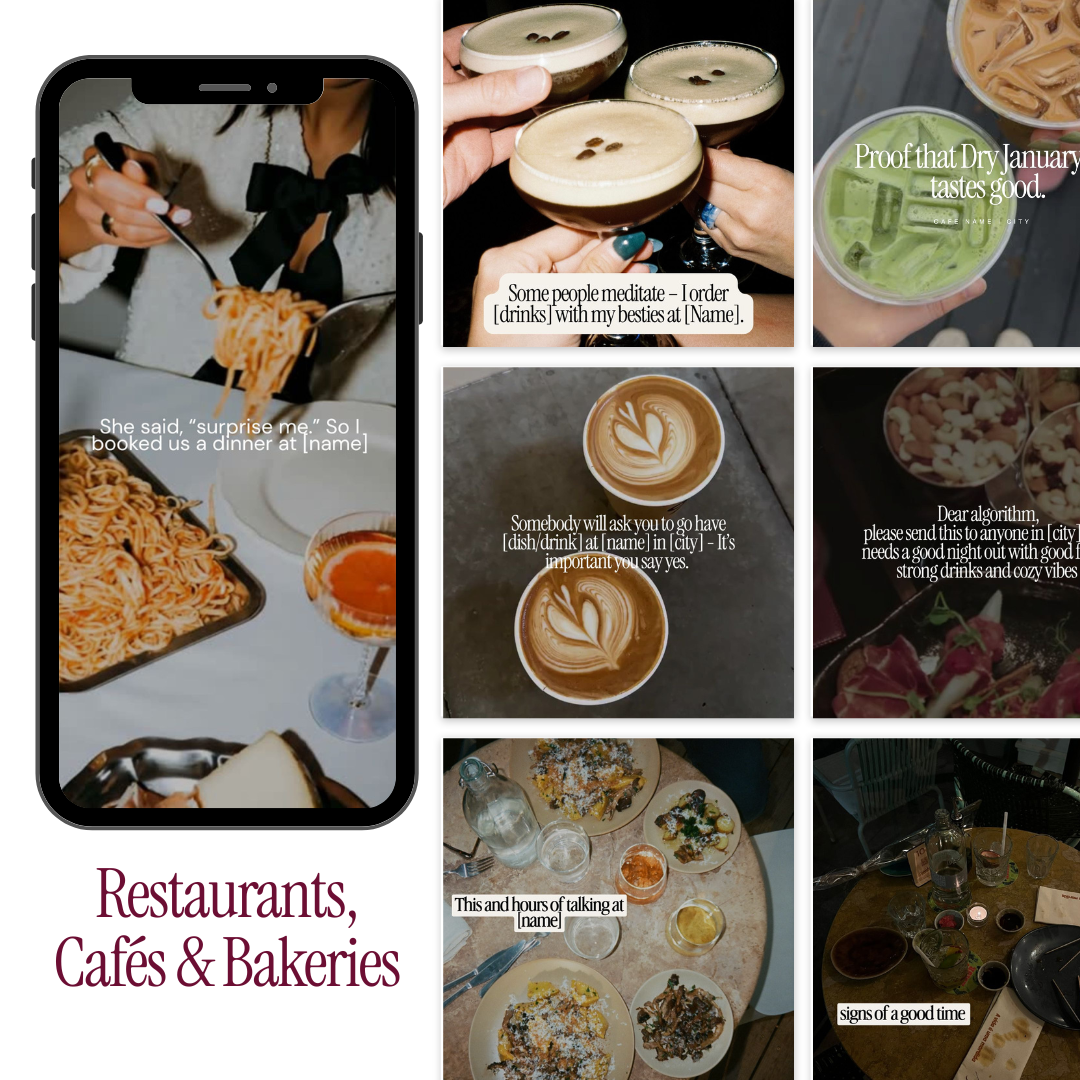 Collage of five photos showing food, drinks, and social gatherings at restaurants, cafes, and bakeries with captions about enjoying time and conversation.