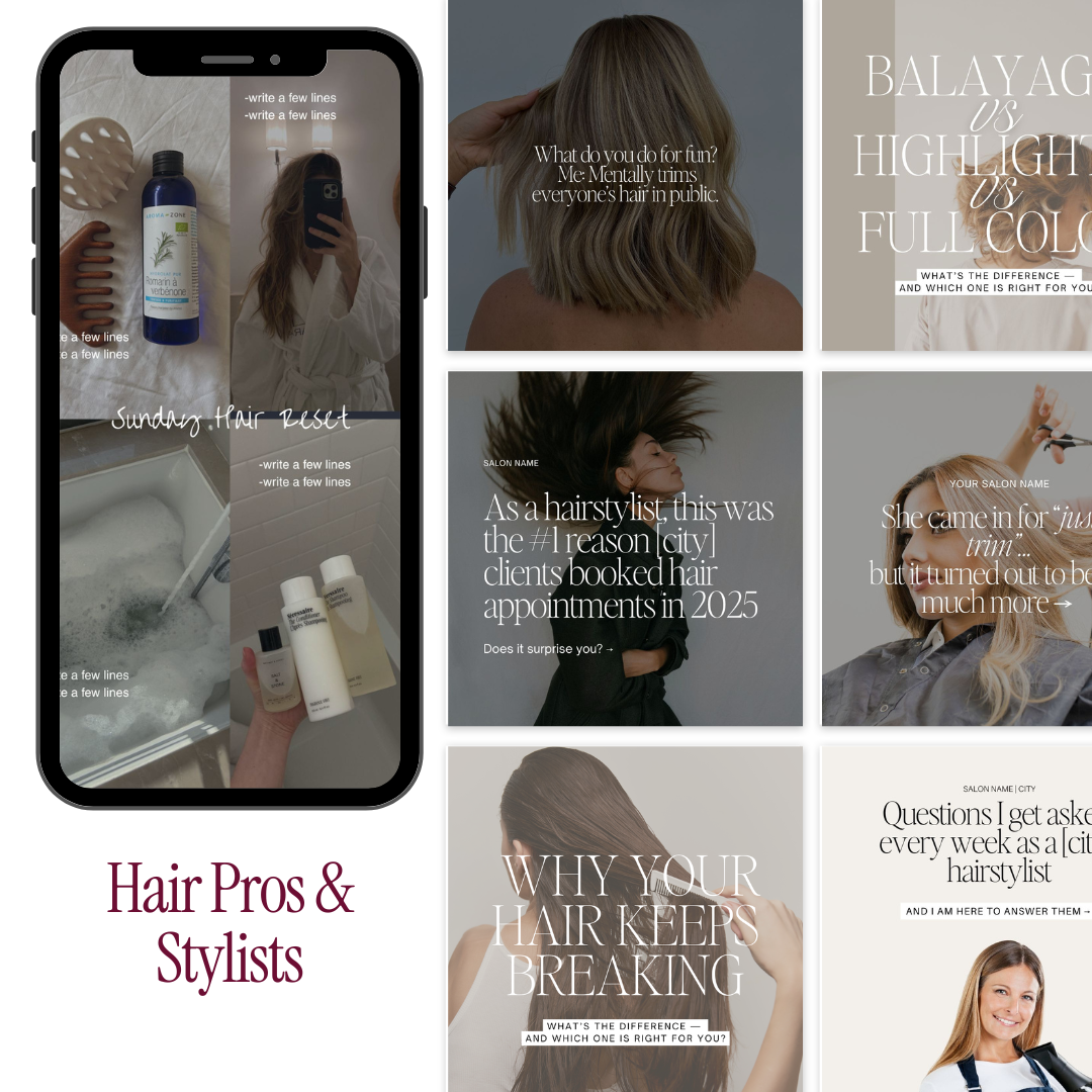 A collage of images and text about hair styling, hair care, and salon services. Includes photos of women with different hair styles, hair care products, and salon environments, along with text overlays discussing hair trends, styling tips, and salon appointments.