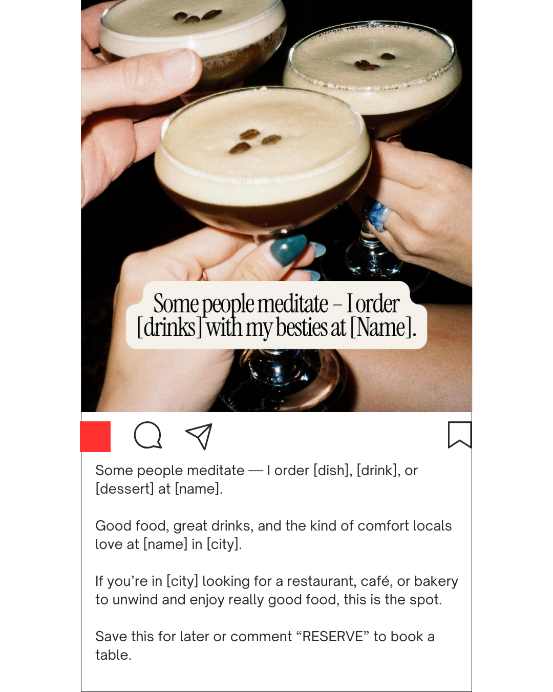 Three hands holding glasses of iced coffee with foam and coffee beans on top, clinking together, against a dark background.