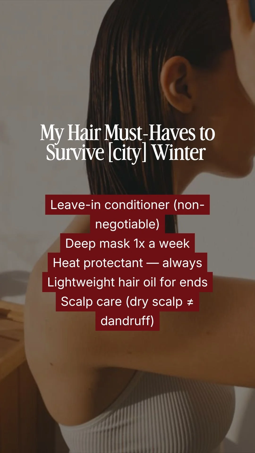 A woman with wet hair, sitting on a chair in a room, with text overlay about hair care tips for winter.