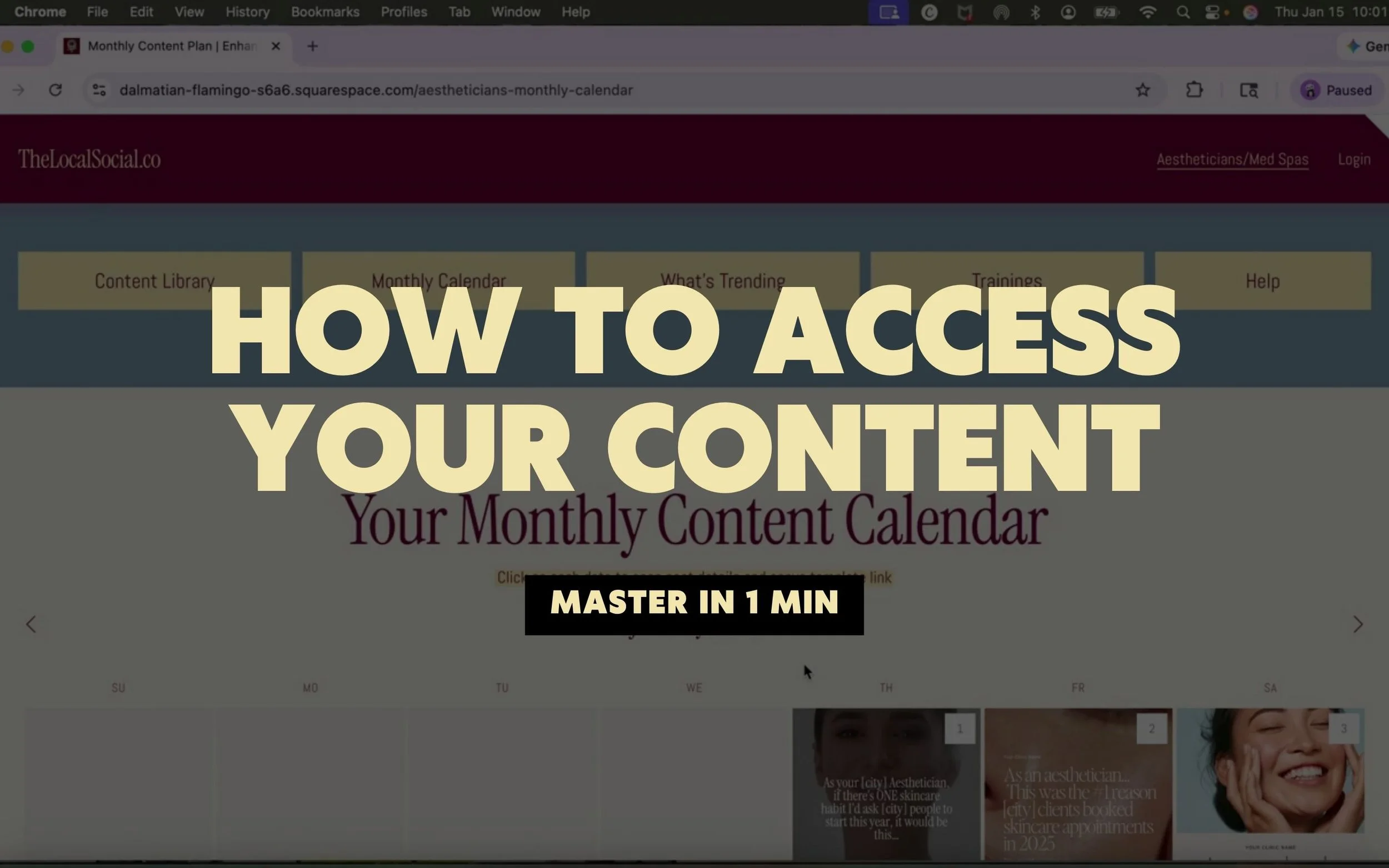 A computer screen displaying a website titled "How to access your content" with large text overlay stating "Master in 1 min" and background showing navigation options and a partial view of a smiling woman.