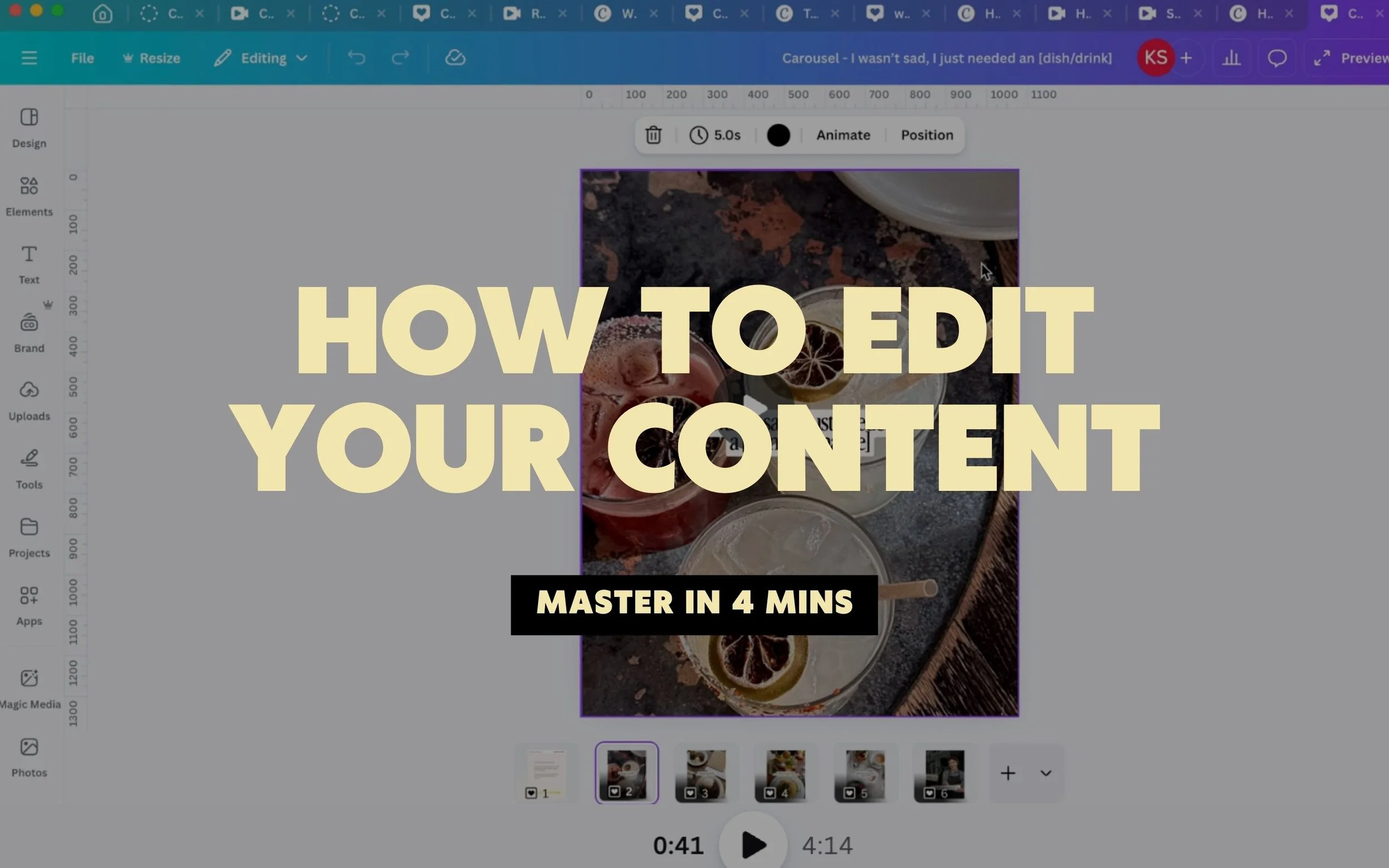 A screenshot of a video editing interface with a thumbnail of colorful drinks and lemon slices, along with overlaid text that reads 'HOW TO EDIT YOUR CONTENT' and 'MASTER IN 4 MINS'.