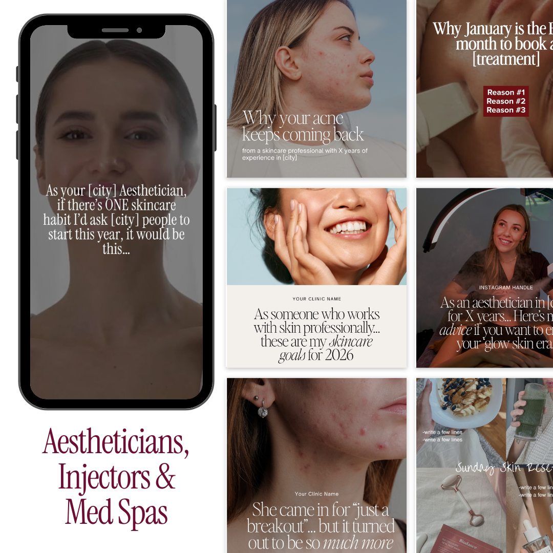 Collage of skincare-related images featuring women with clear and acne-prone skin, along with text overlays about skincare habits, treatments, and goals from aestheticians and clinics.