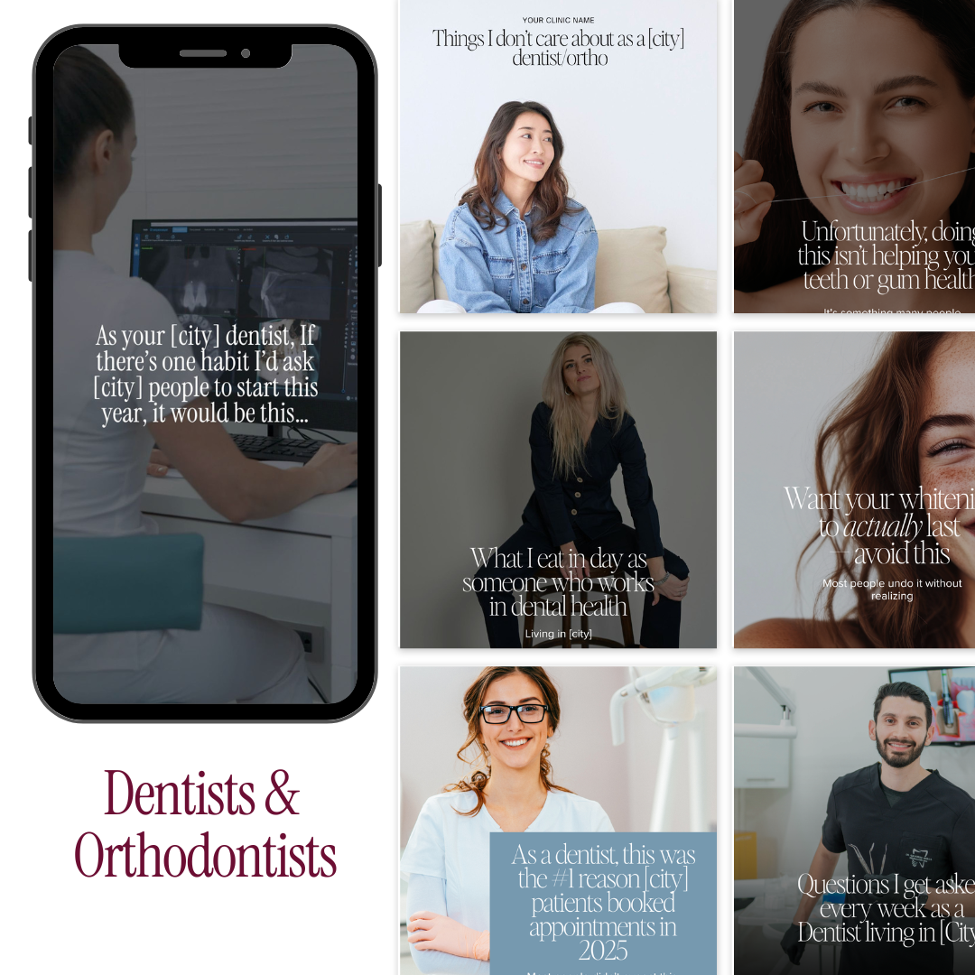 A collage of images related to dentists and orthodontists. The main image shows a person in a dental office looking at dental X-rays on a computer screen, with overlaid text: "As your [city] dentist, if there's one habit I'd ask [city] people to start this year, it would be this...". Surrounding images include women smiling, a woman in a suit, a woman with glasses smiling, and a man in a dental office. Some images have text about dental health habits and statistics.