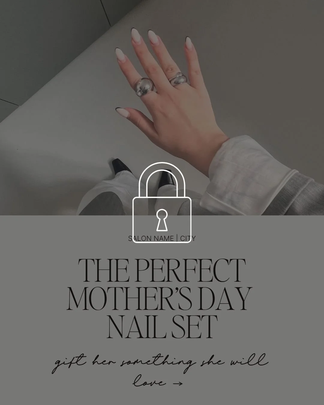 Greeting card advertising a Mother's Day nail gift set, featuring a hand with manicured nails and rings, with a text overlay that says 'The perfect Mother’s Day nail set' and a note about gifting her something she'll love.