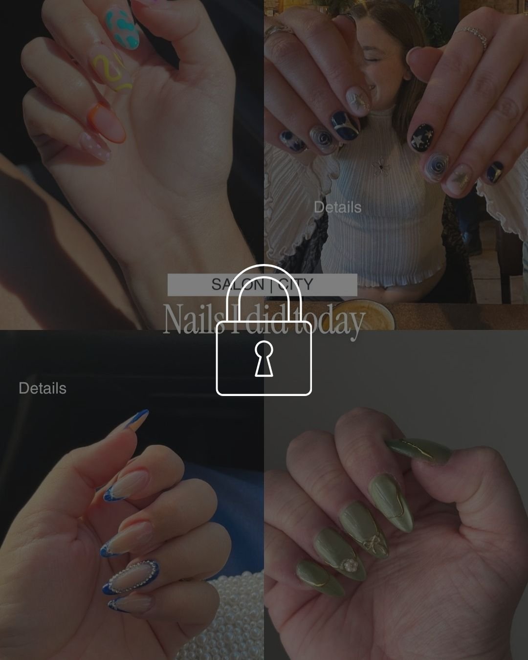 Four different manicured hands with various nail art designs, including colorful, black with designs, blue accents, and green with decorations.