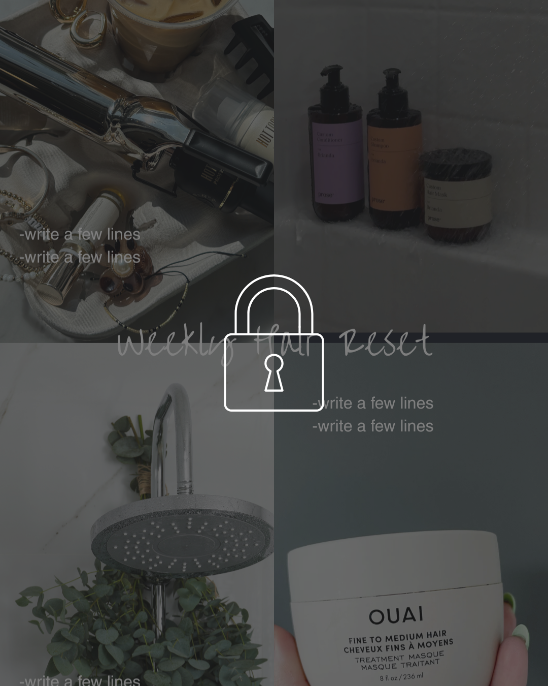 A collage of four images showing beauty and self-care items, including jewelry, skincare products, a showerhead with greenery, and hair treatment mask, with the text 'Weekly Fun Reset' overlayed.