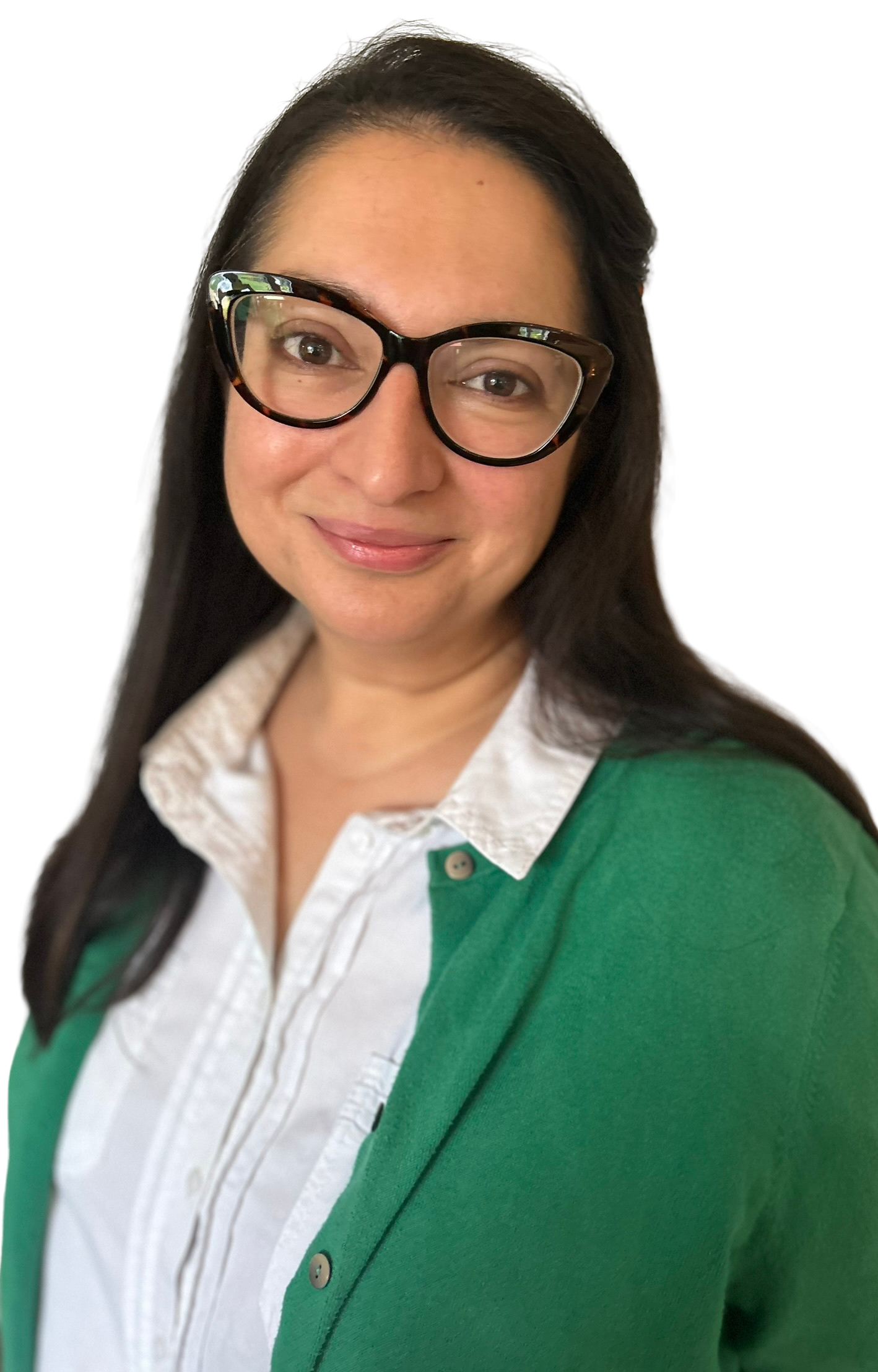 Dr Darrelle: A woman with long dark hair, wearing glasses, a white blouse, and a green cardigan, smiling at the camera.
