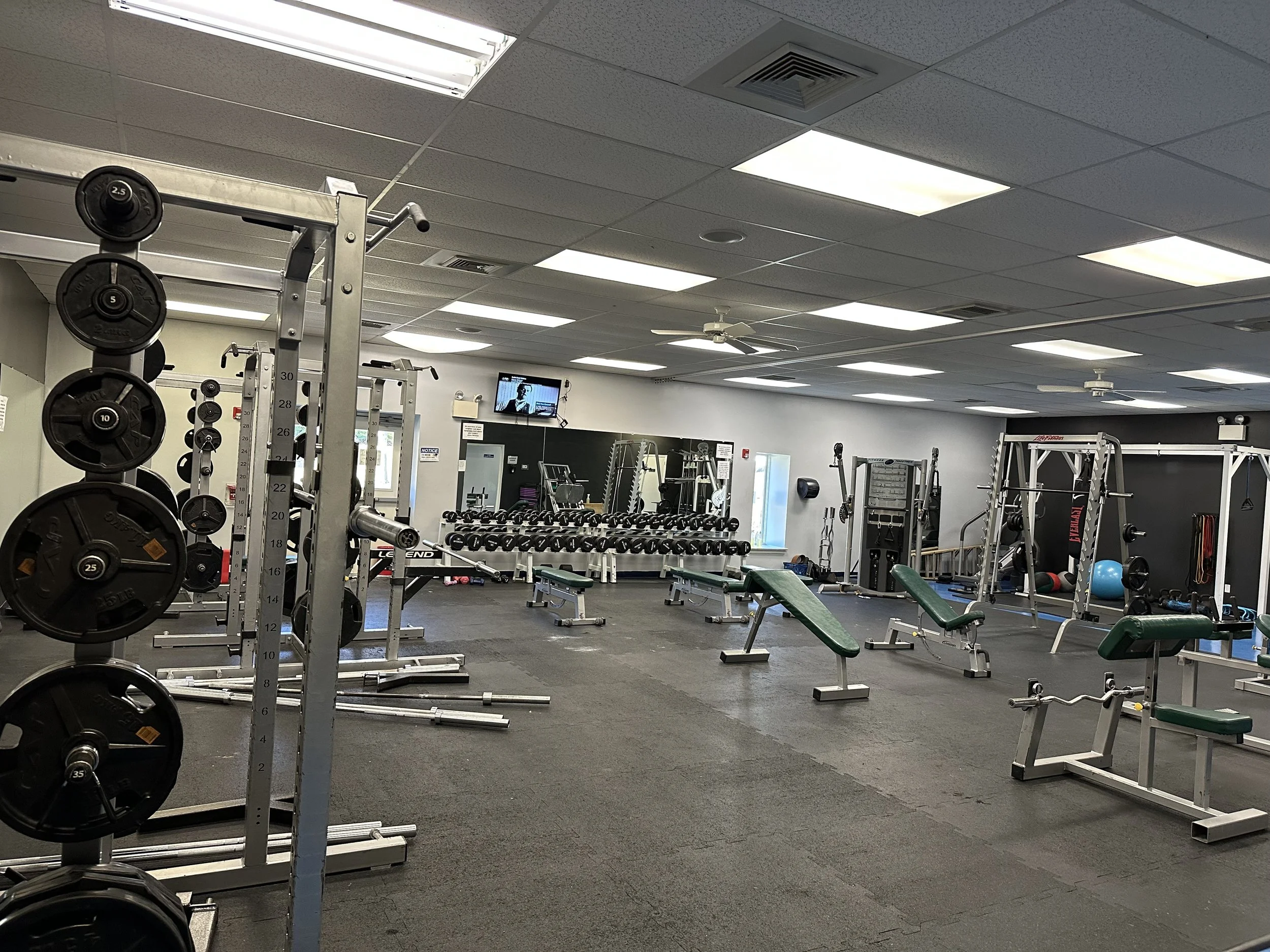 Elverson Fitness Club (Elverson, PA) features a wide variety of treadmills and exercise equipment, including weight machines and cardio machines, in a spacious and well-lit room.