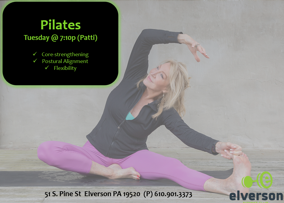 A woman smiling and stretching, working to strengthen her core.  The text features benefits of Pilates classes and notes the class offering is weekly on Tuesday evenings.