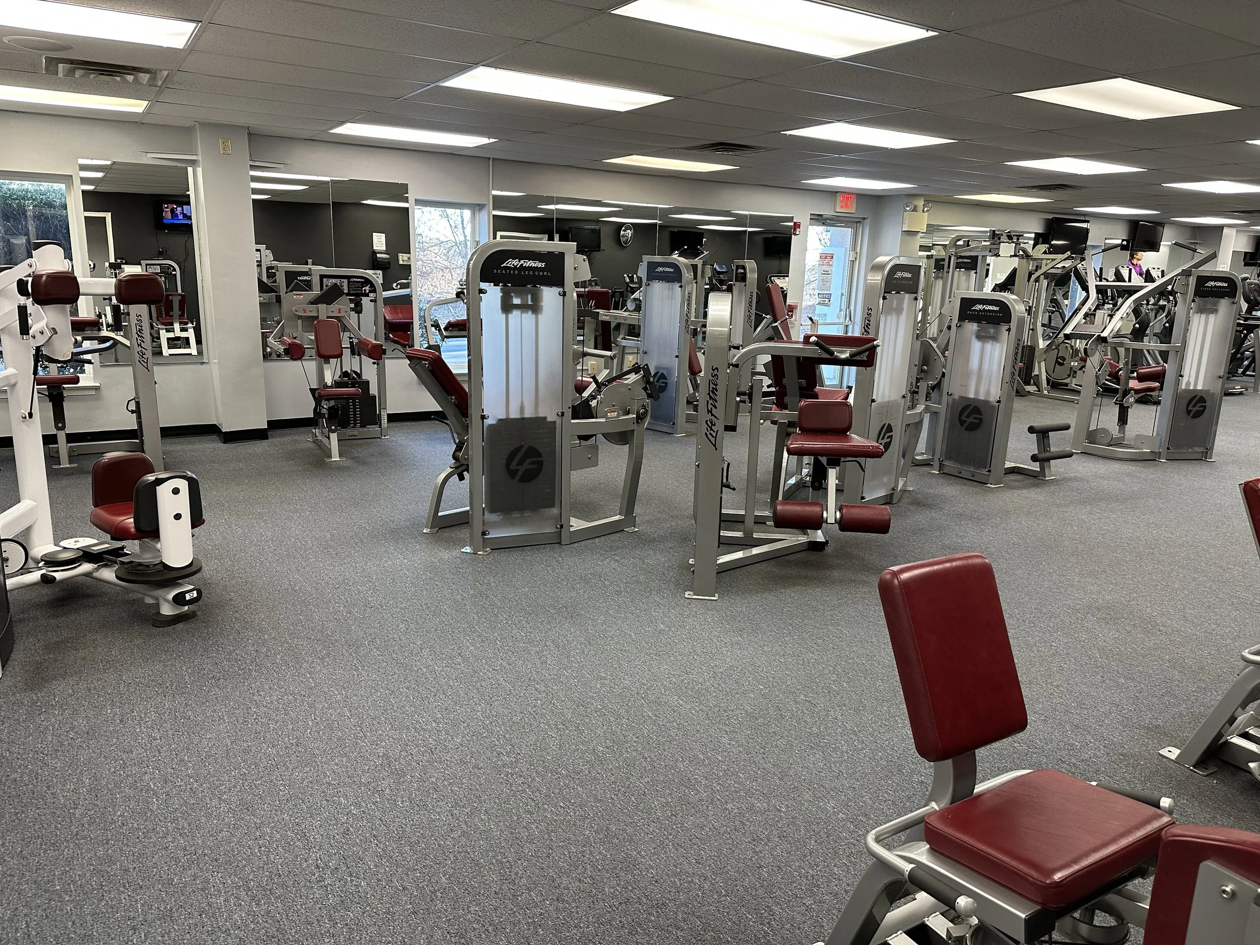 Elverson Fitness Club (Elverson, PA) features a wide variety of treadmills and exercise equipment, including weight machines and cardio machines, in a spacious and well-lit room.