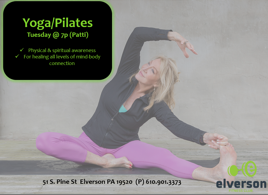 A woman practicing yoga in a seated side stretch pose on a wooden floor against a concrete wall. The text advertises yoga and pilates classes every Tuesday at 7 pm with a focus on physical and spiritual awareness and mind-body health.