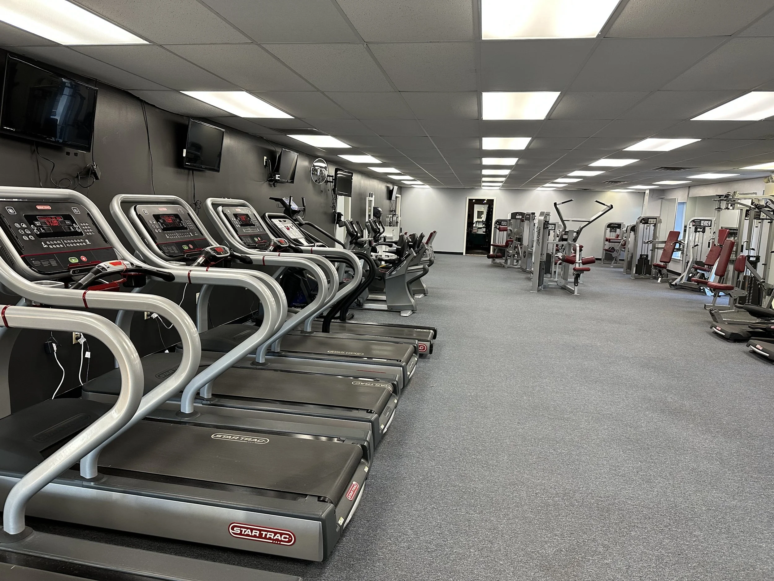 Elverson Fitness Club (Elverson, PA) features a wide variety of treadmills and exercise equipment, including weight machines and cardio machines, in a spacious and well-lit room.