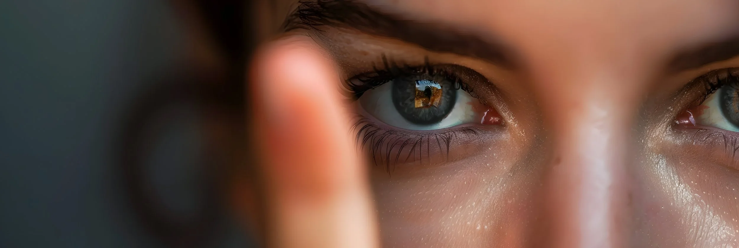 Close-up of a person's face, focusing on one eye with a reflection of a window in the iris.