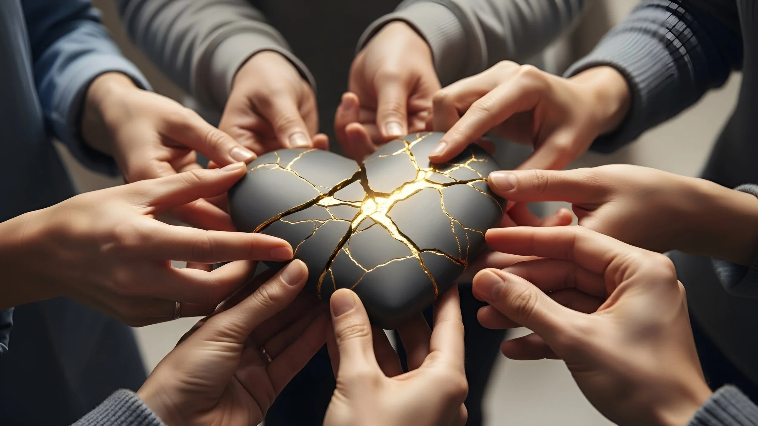 Multiple hands holding a cracked, gray, heart-shaped object with glowing gold lines resembling fractures.