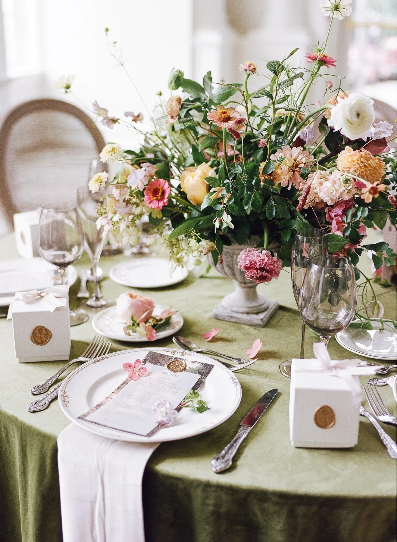 Park Chateau wedding featuring Blue Pansy Floral Design, Amorette Events and Inquisited Invitations featured in Martha Stewart Weddings