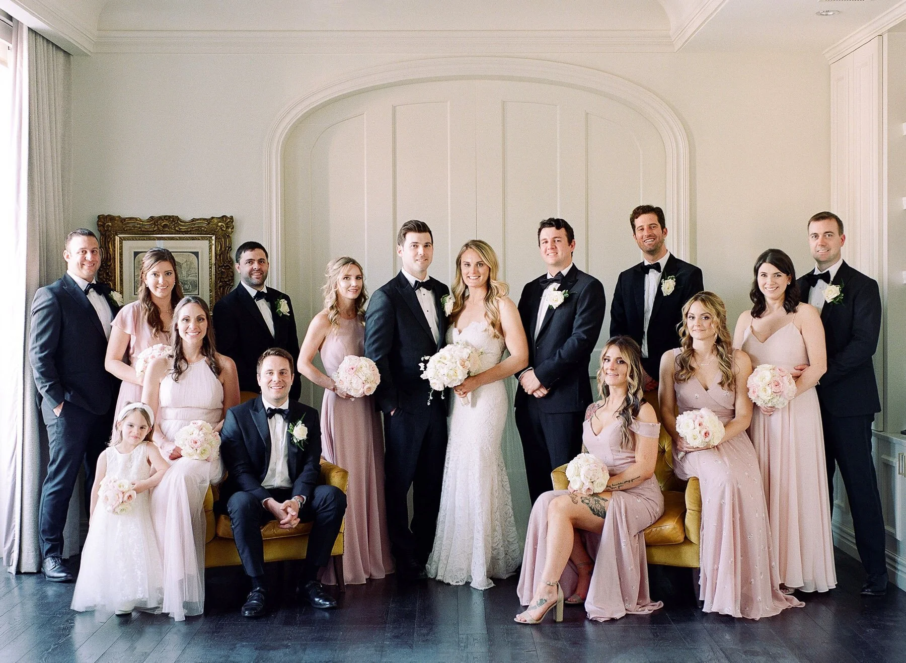 Adelphi Hotel in Saratoga Springs wedding party portrait in library suite with Christine Wheat Events