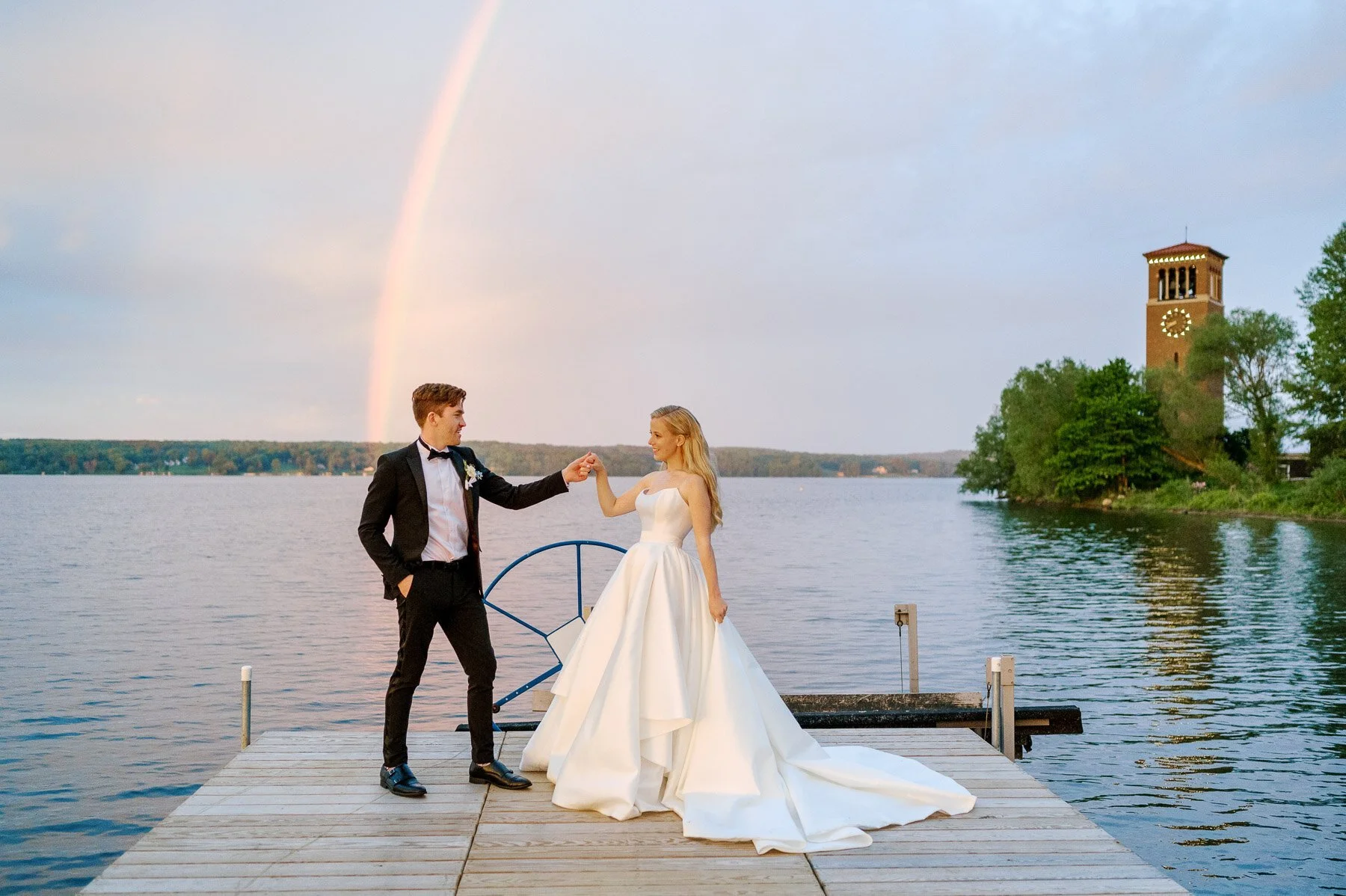 Rainbow wedding photos Belltower Park Wedding Lake Chautauqua Institution Wedding in New York with EVL Events and Heirloom Soul Floral Design 