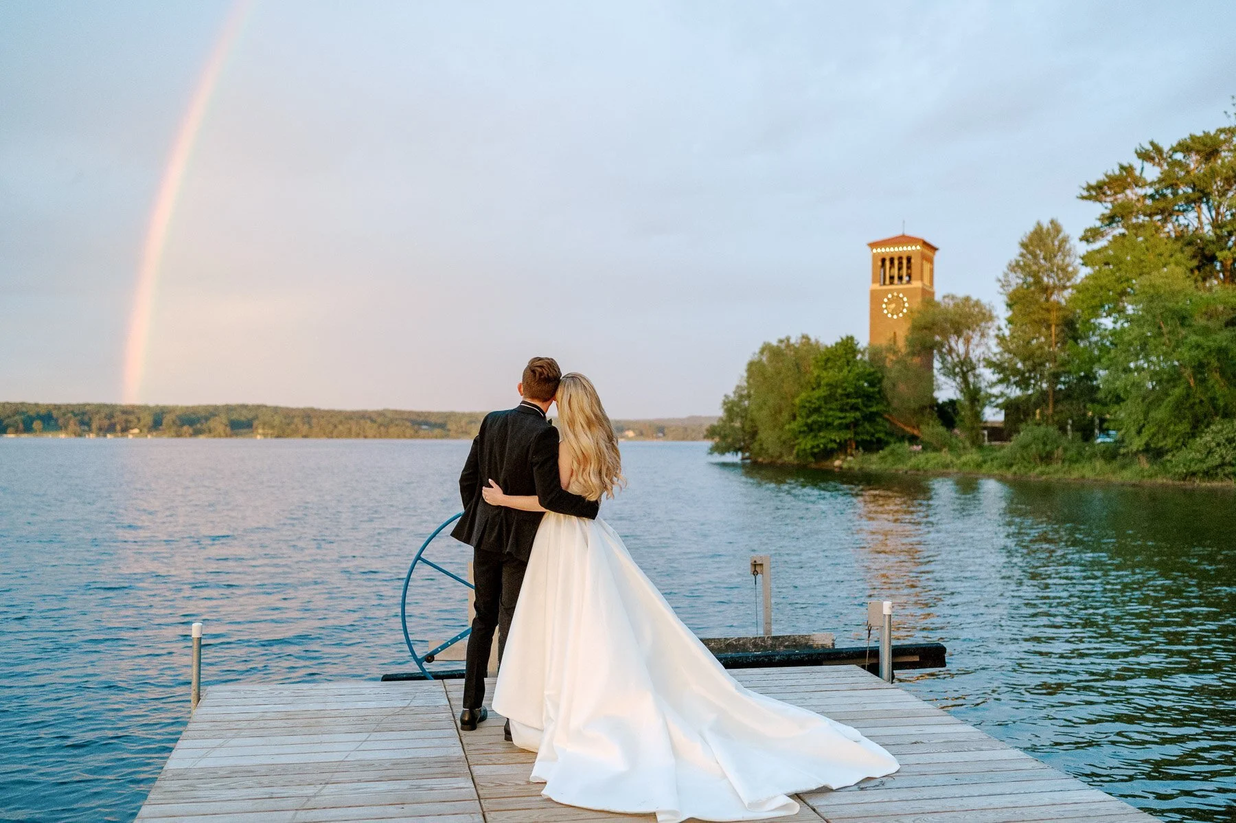 Rainbow wedding photos Belltower Park Wedding Lake Chautauqua Institution Wedding in New York with EVL Events and Heirloom Soul Floral Design 