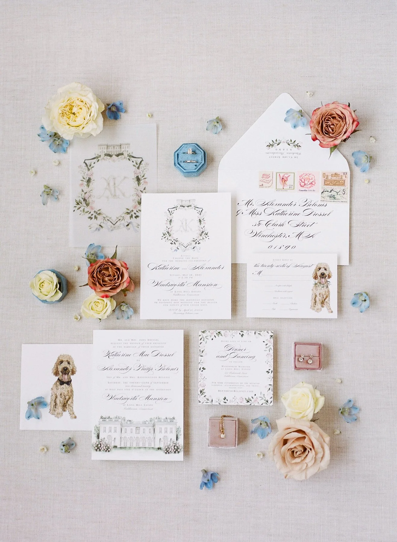 Emily Mayne Studio invitation design with Just for You floral design at Wadsworth Mansion