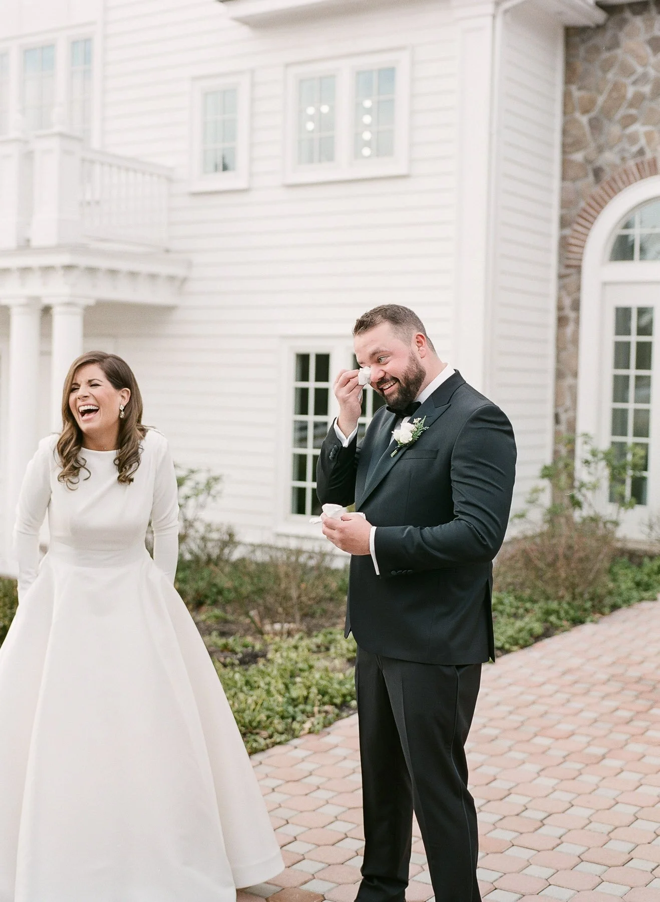 Ryland Inn Coach House Winter Wedding Emotional First Look