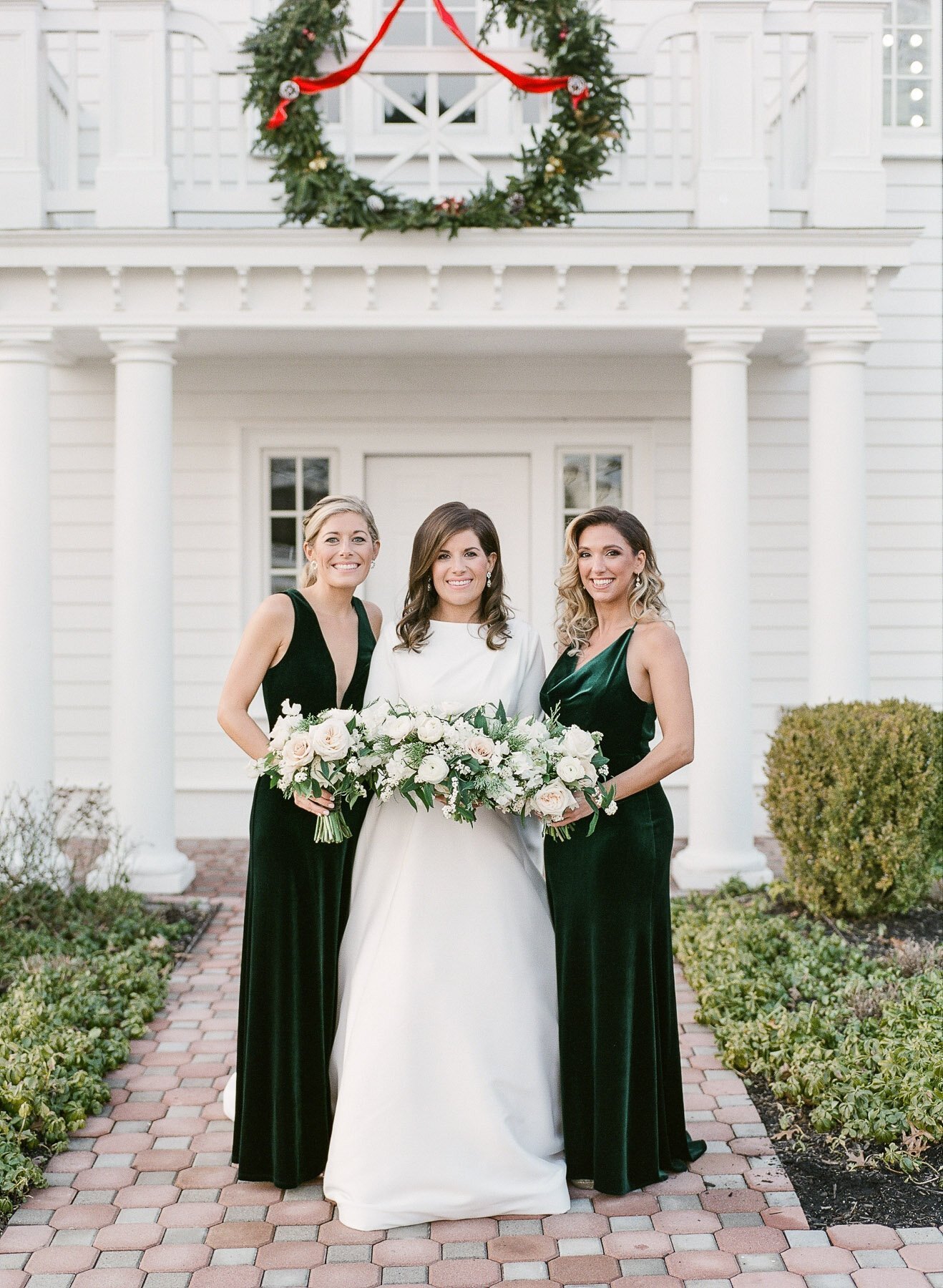 Ryland Inn Coach House Winter Wedding Green Velvet Jenny Yoo Bridesmaid Dresses Twisted Willow Floral Design